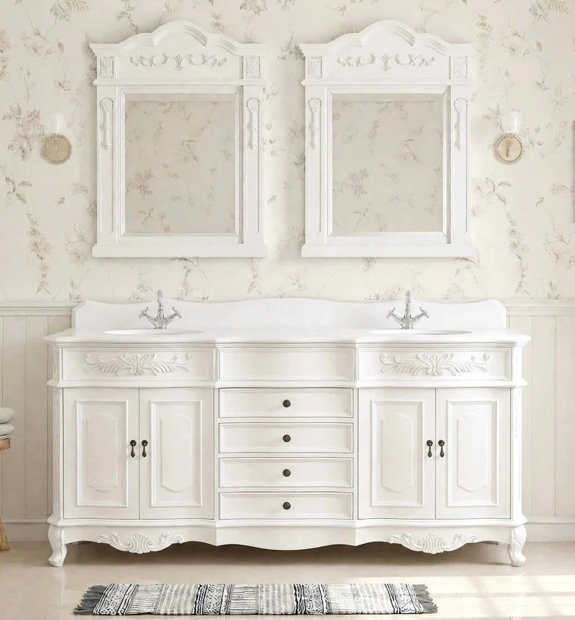 Adelina 72" Traditional Double Sink Bathroom Vanity Antique White with White Quartz Top, Backsplash Option and Mirror Option