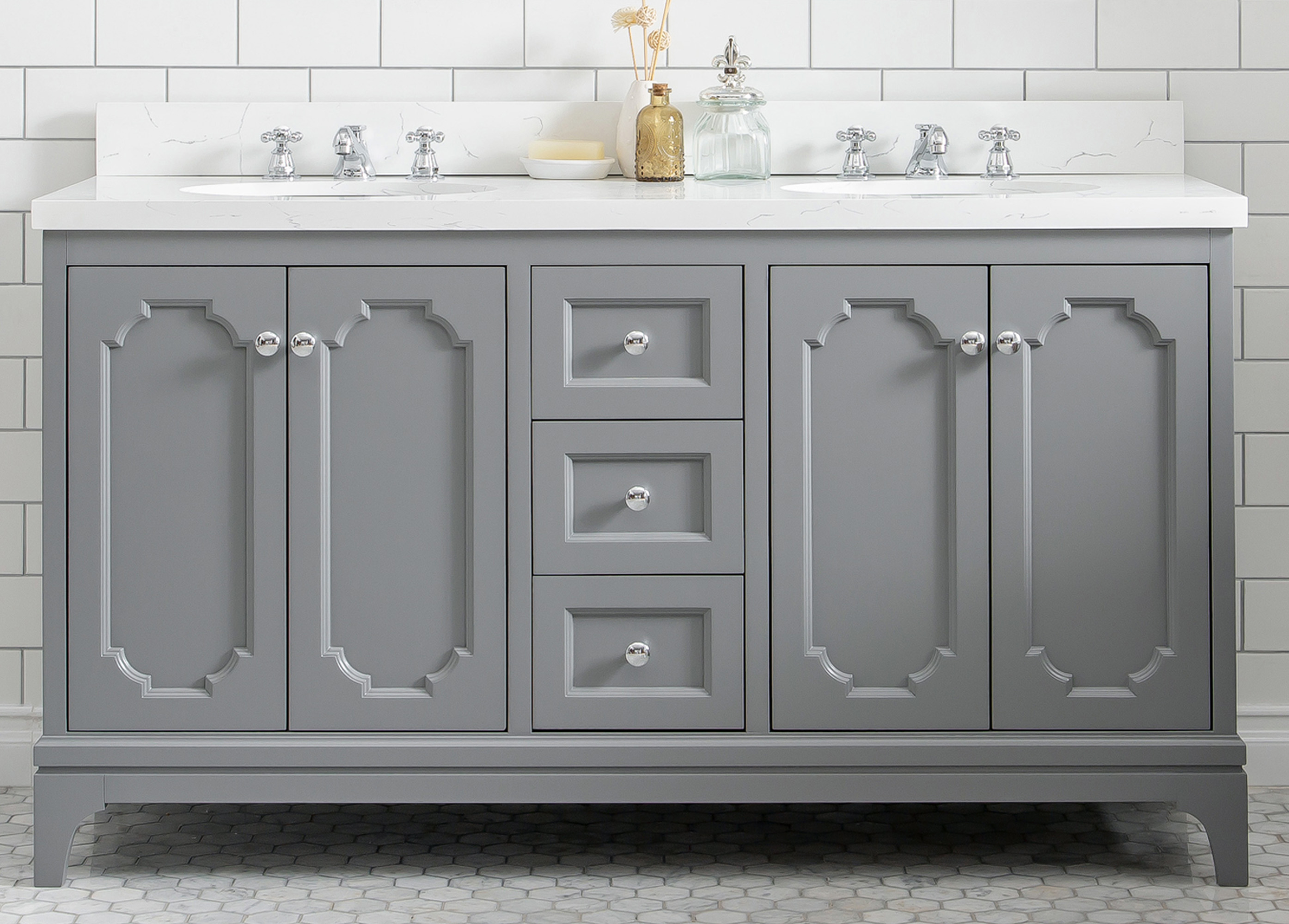 60" Double Sink Quartz Carrara Vanity In Cashmere Grey