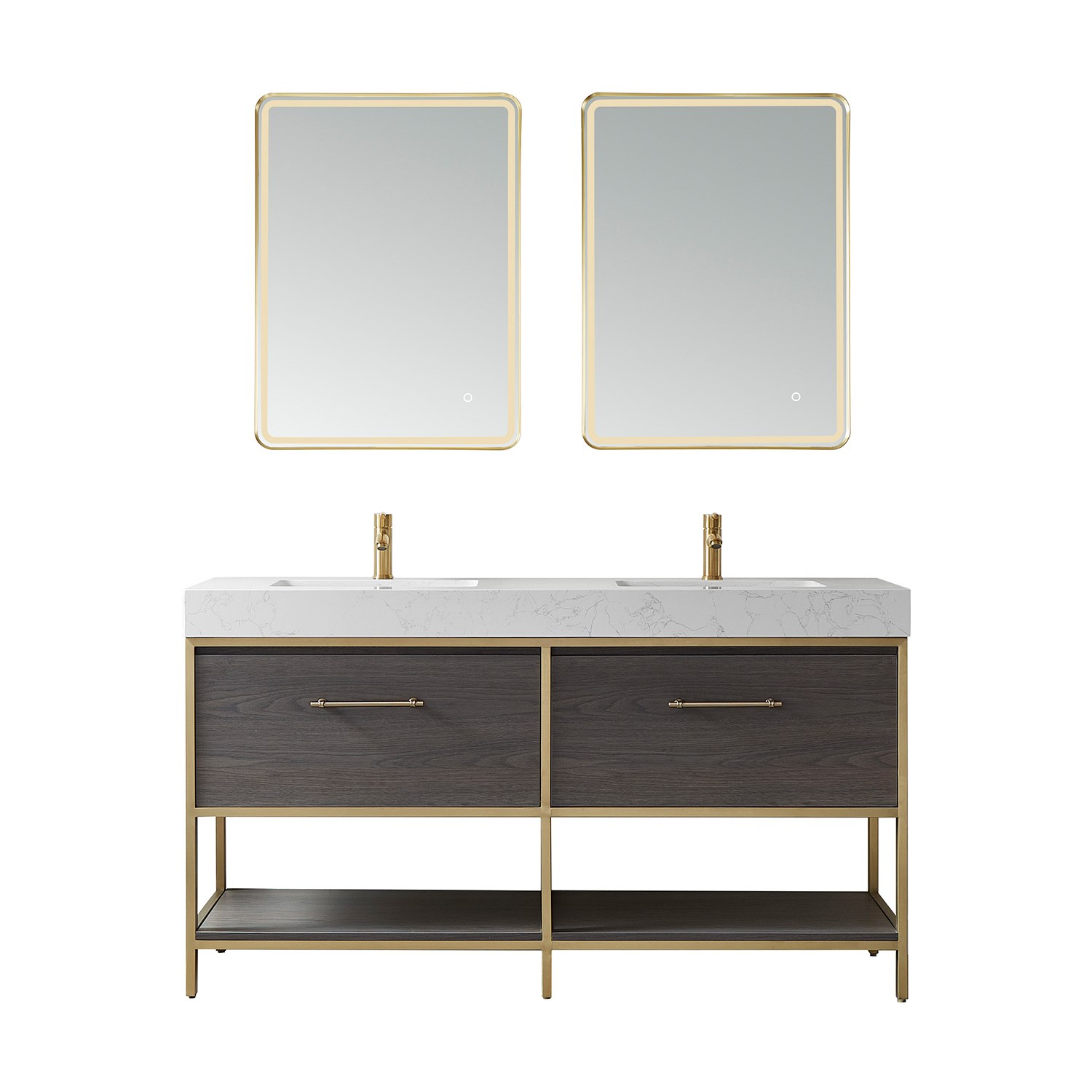 60G" Double Sink Bath Vanity in Suleiman Oak with White Composite Grain Stone Countertop without Mirror