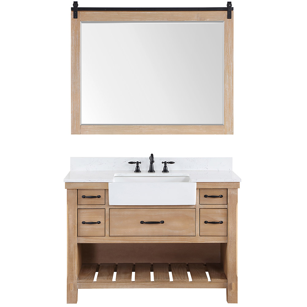 48" Single Bath Vanity in Weathered Pine with Composite Stone Top in White, White Farmhouse Basin