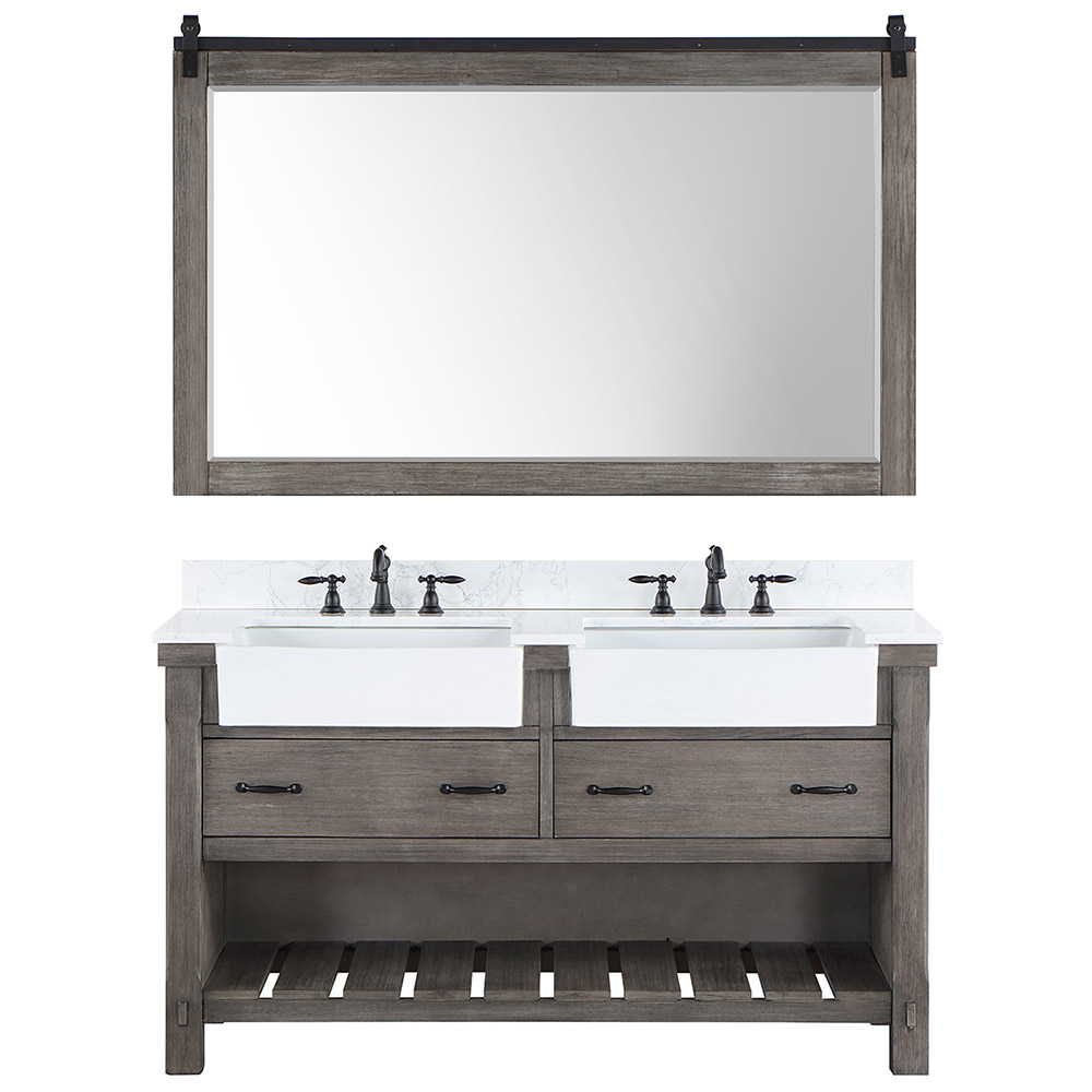 60" Double Bath Vanity in Classical Grey with Composite Stone Top in White, White Farmhouse Basin