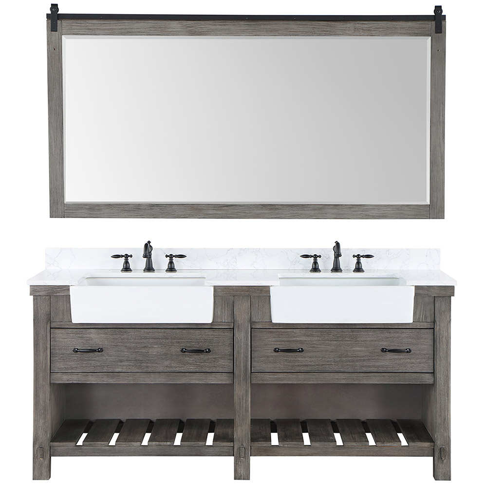 72" Double Bath Vanity in Classical Grey with Composite Stone Top in White, White Farmhouse Basin