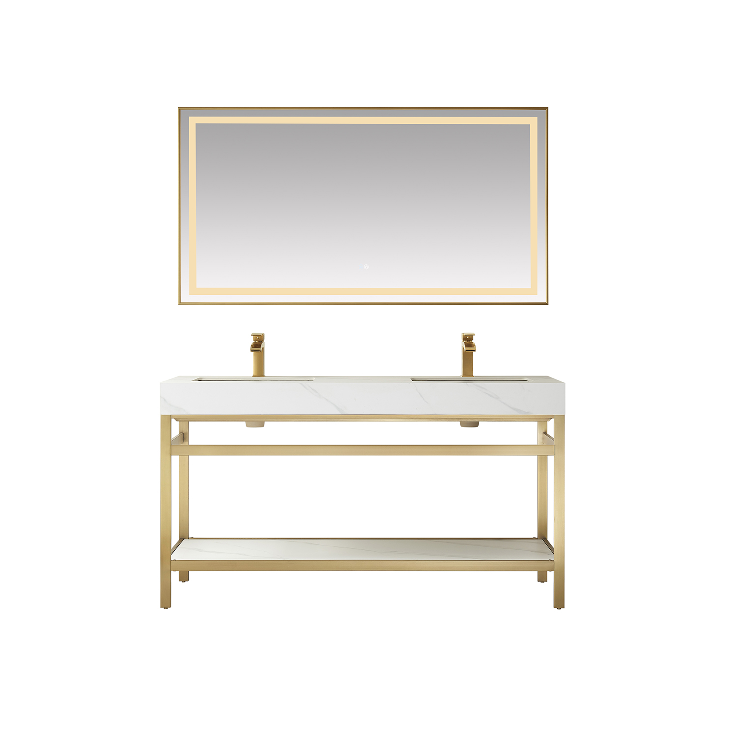 60M" Double Sink Bath Vanity in Brushed Gold Metal Support with White Sintered Stone Top