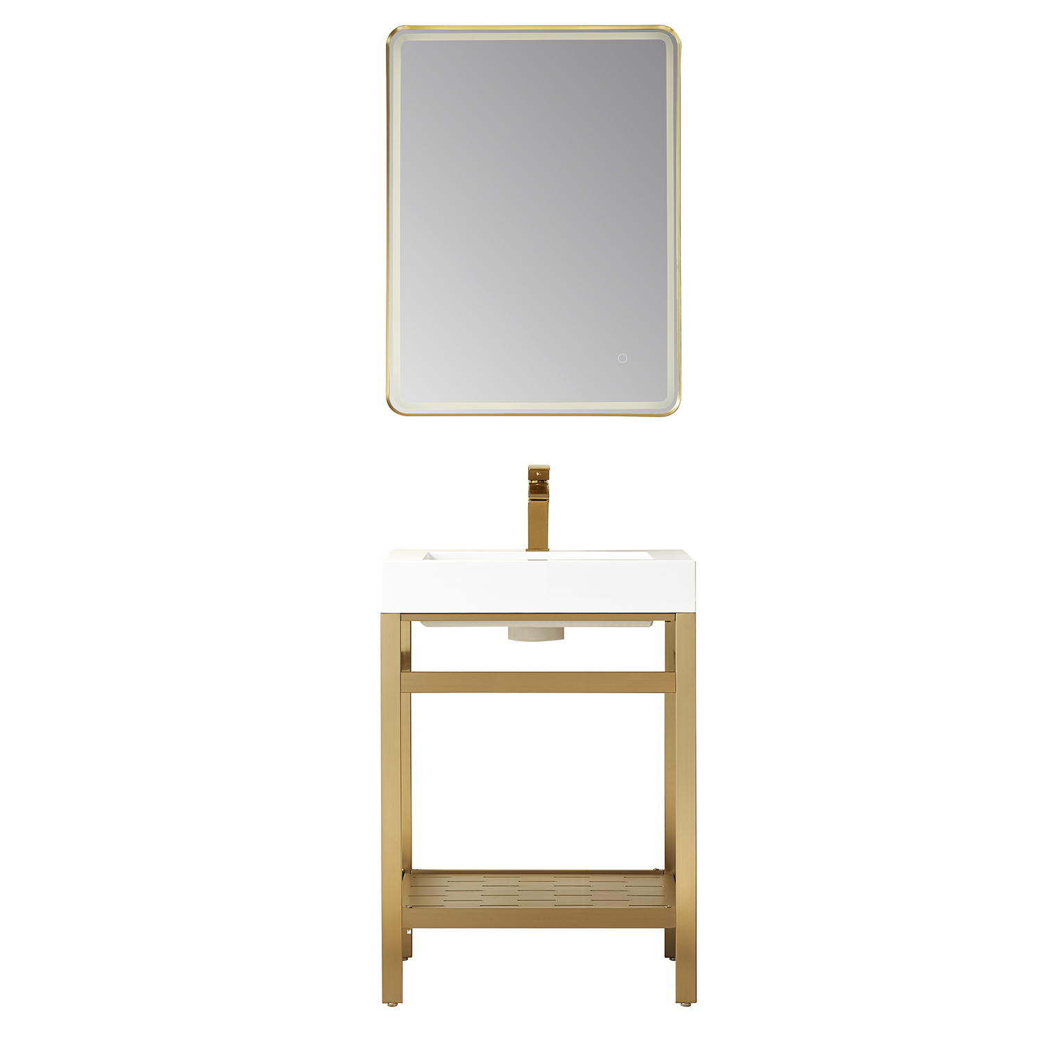 24" Single Sink Bath Vanity in Brushed Gold Metal Support with White One-Piece Composite Stone Sink Top 