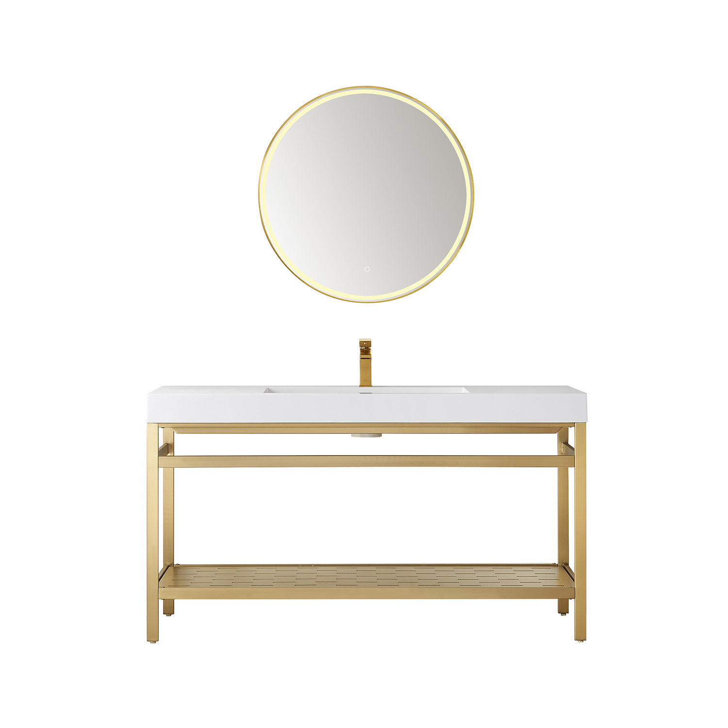 60M" Double Sink Bath Vanity in Brushed Gold Metal Support with White One-Piece Composite Stone Sink Top 