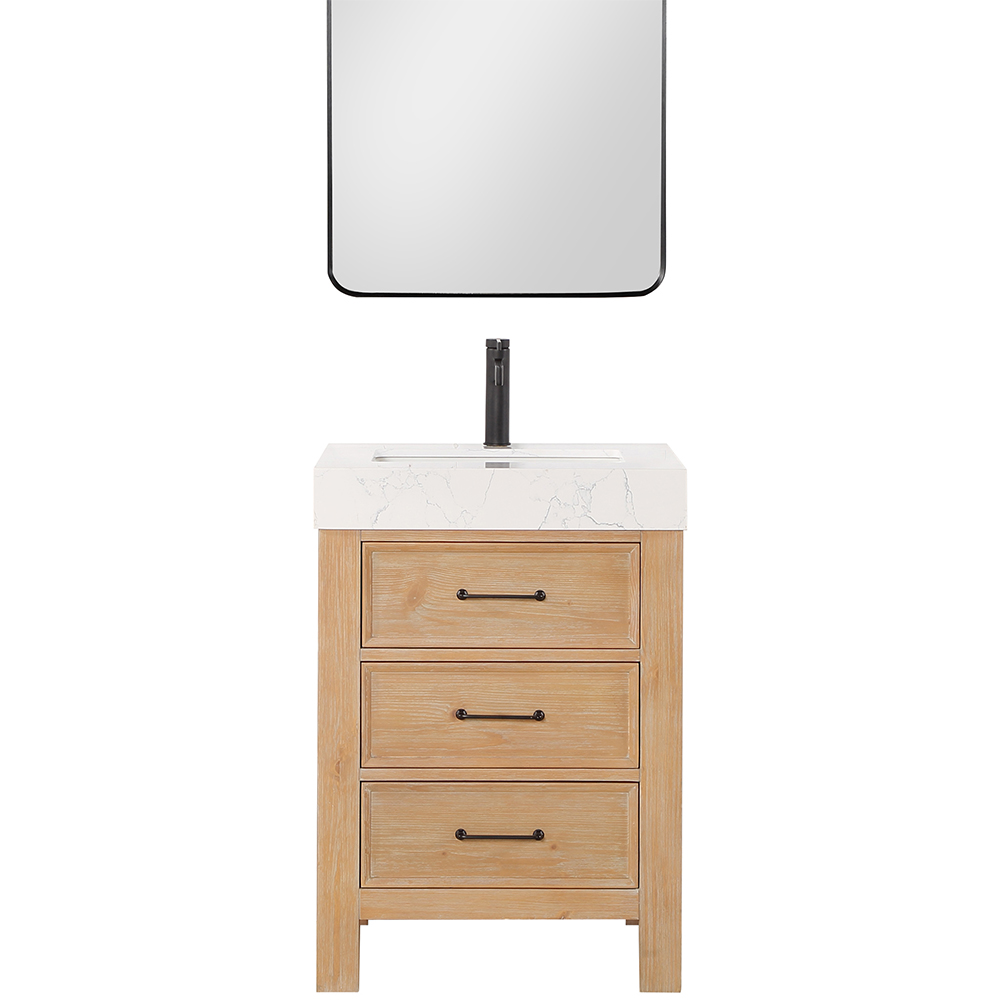 24in. Free-standing Single Bathroom Vanity in Fir Wood Brown with Composite top in Lightning White and Mirror