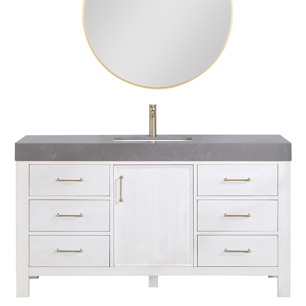 60in. Free-standing Single Bathroom Vanity in Fir Wood White with Composite top in Reticulated Grey