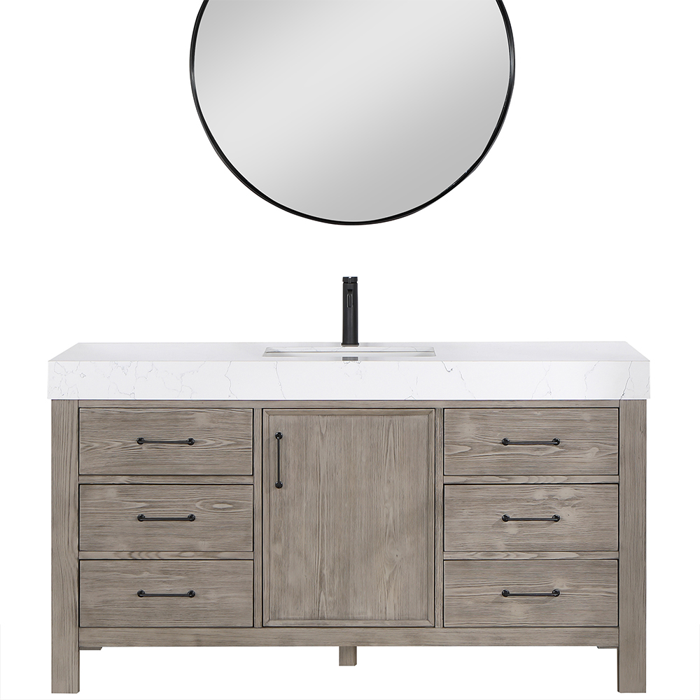 60in. Free-standing Single Bathroom Vanity in Fir Wood Grey with Composite top in Lightning White