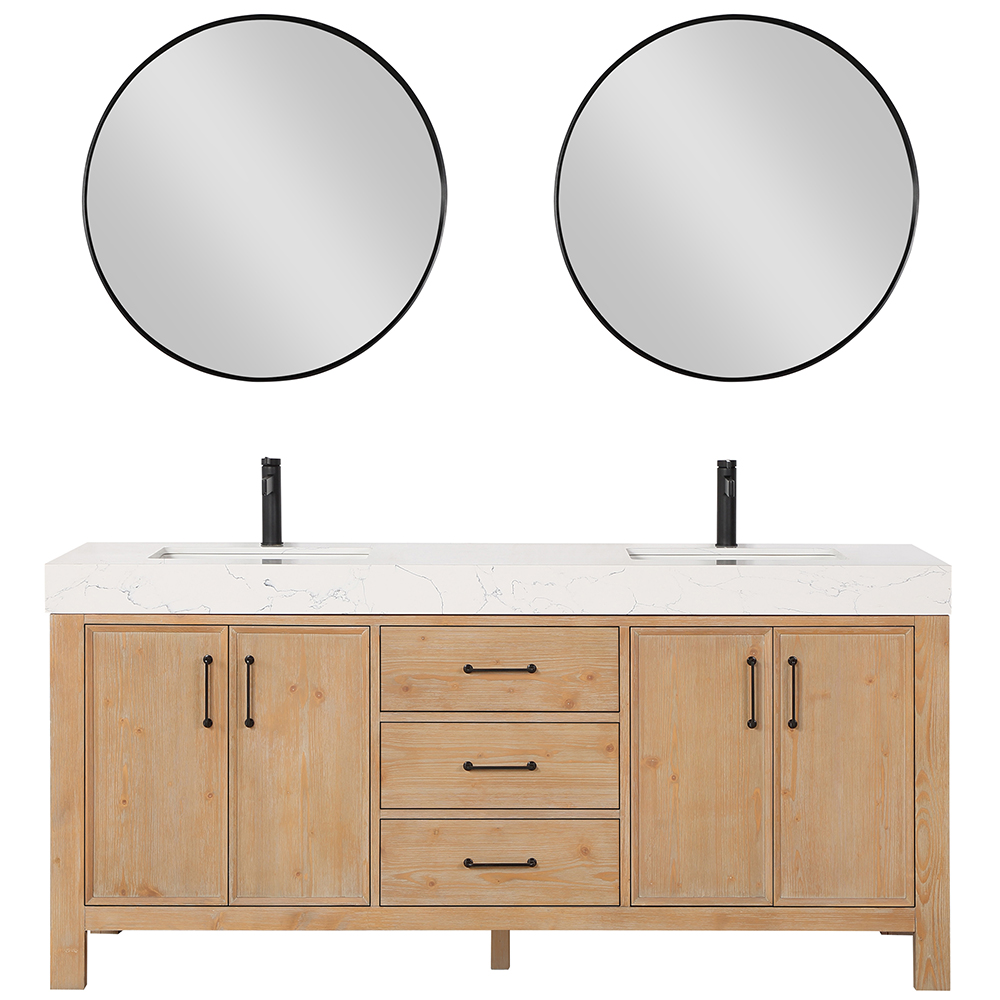 72in. Free-standing Double Bathroom Vanity in Fir Wood Brown with Composite top in Lightning White
