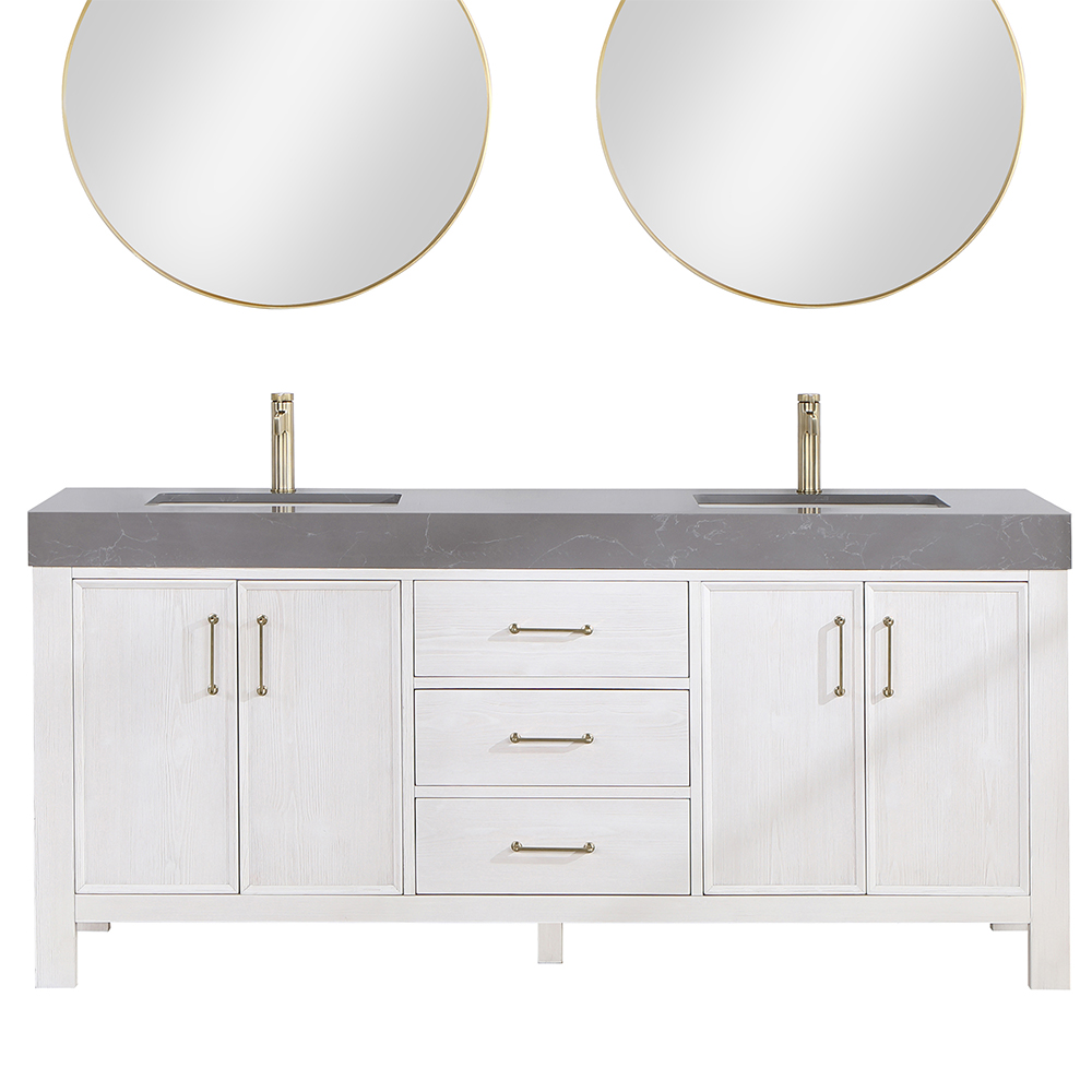 72in. Free-standing Double Bathroom Vanity in Fir Wood White with Composite top in Reticulated Grey