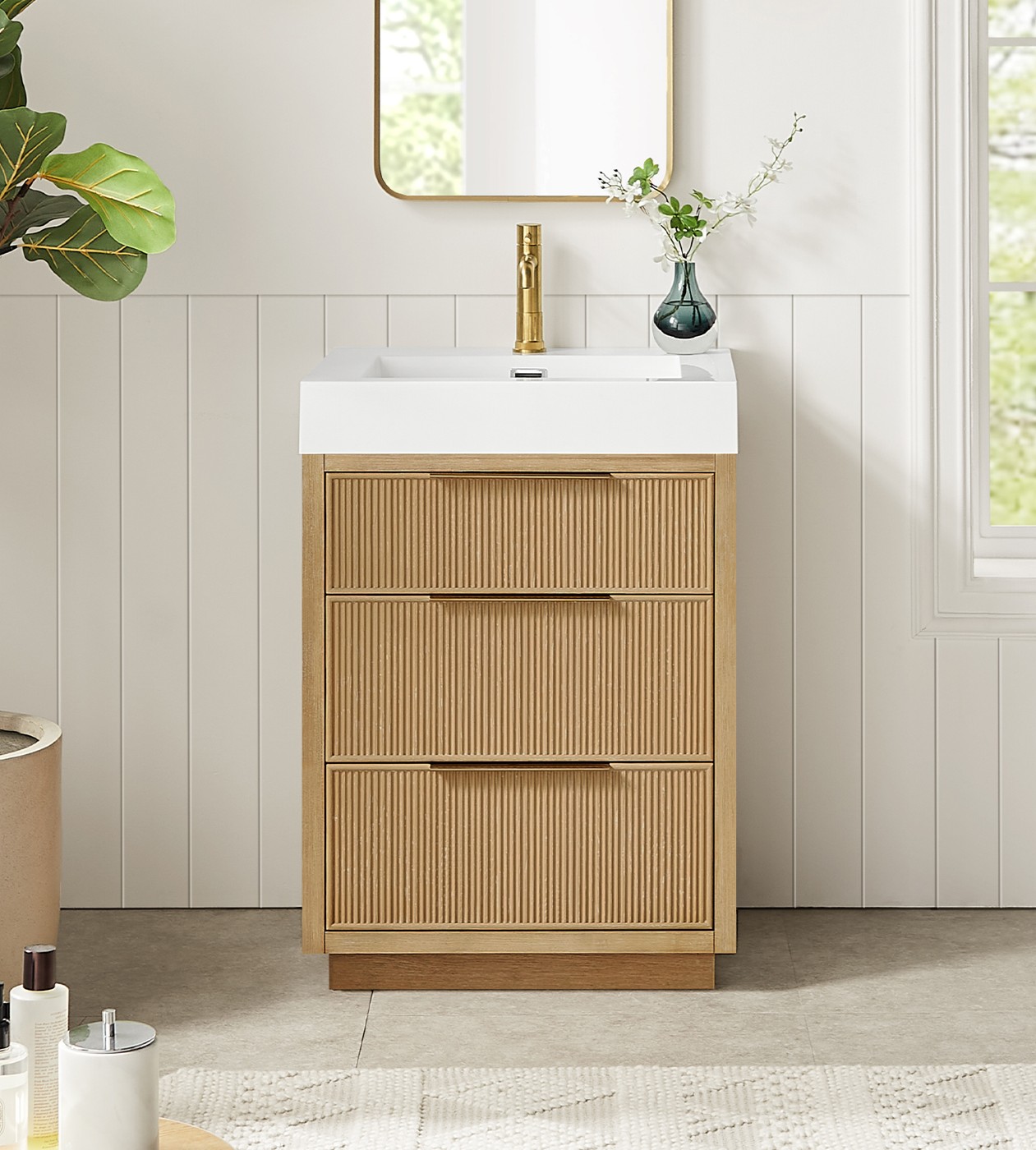 24" Free-standing Single Bath Vanity in Washed Ash Grey with White Integrated Stone Sink Top