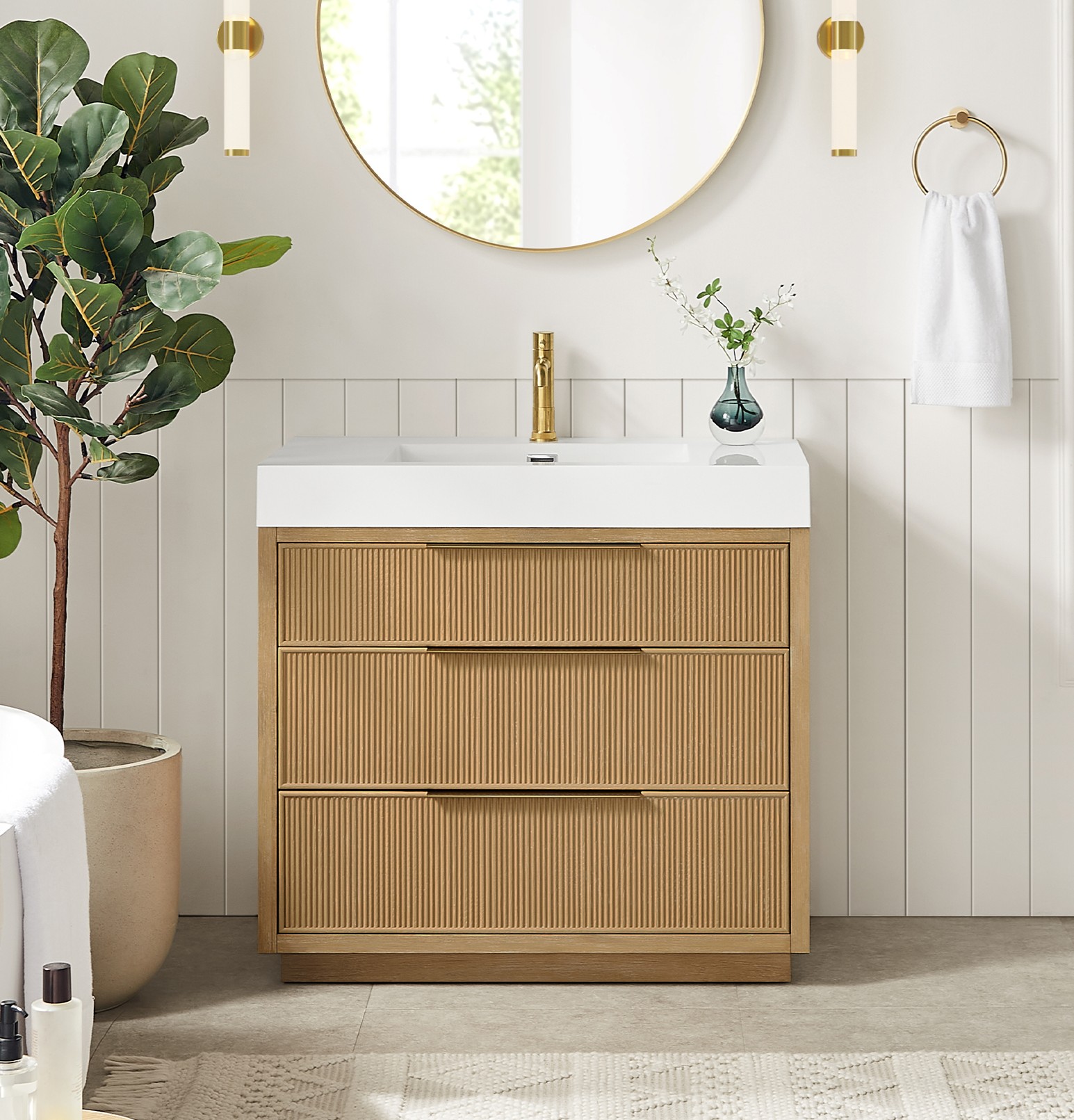 36" Free-standing Single Bath Vanity in Washed Ash Grey with White Integrated Stone Sink Top