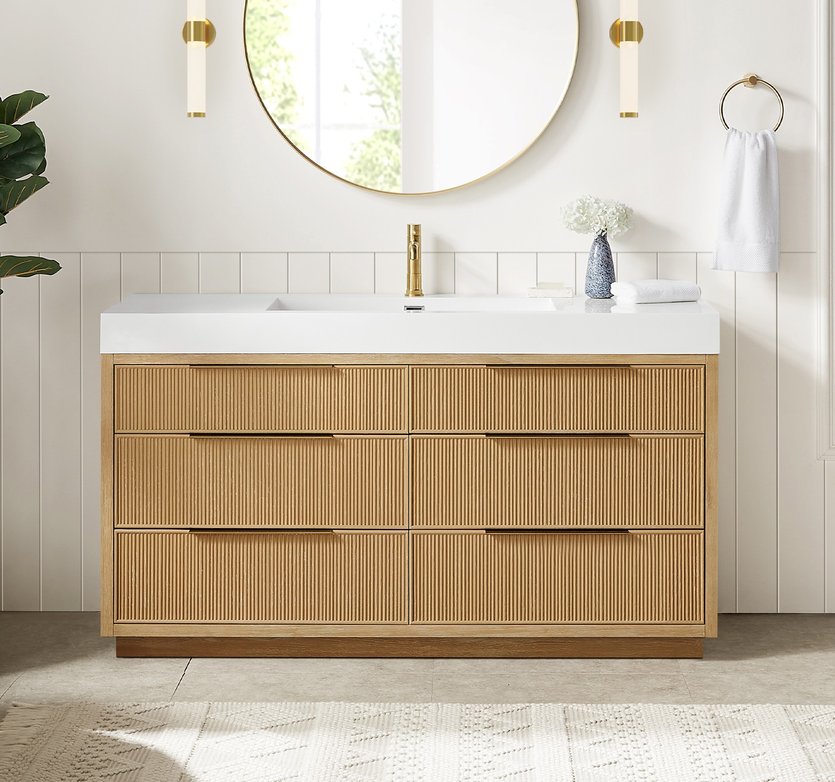 48" Free-standing Single Bath Vanity in Washed Ash Grey with White Integrated Stone Sink Top