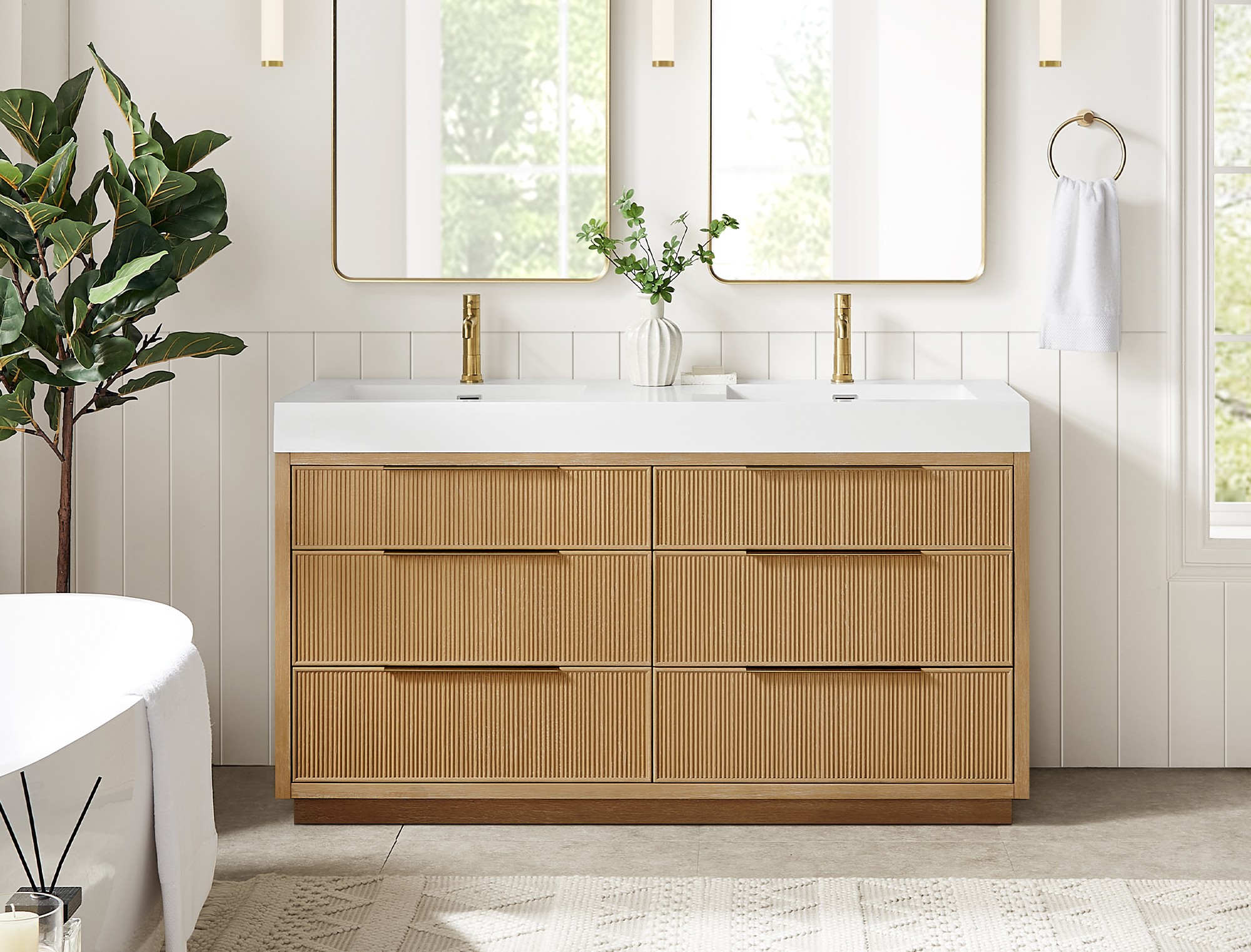 60" Free-standing Single Bath Vanity in Washed Ash Grey with White Integrated Stone Sink Top