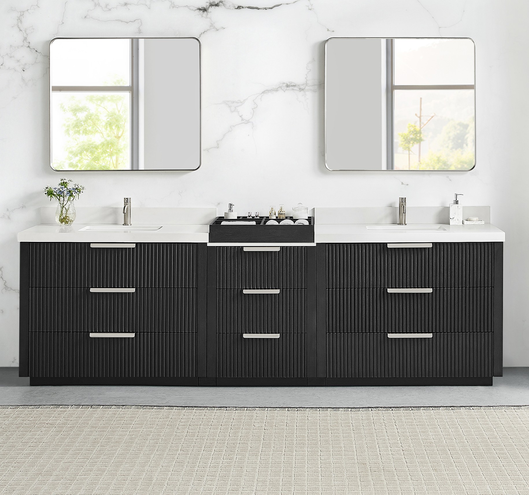 108" Combine Free-standing Double Bath Vanity in Oak Weathered Black with Pure White Quartz Stone Top