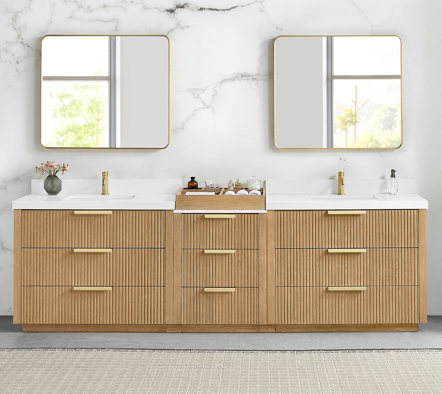 108" Combine Free-standing Double Bath Vanity in Washed Ash Grey with Pure White Quartz Stone Top 108" Combine Free-standing Double Bath Vanity in Washed Ash Grey with Pure White Quartz Stone Top