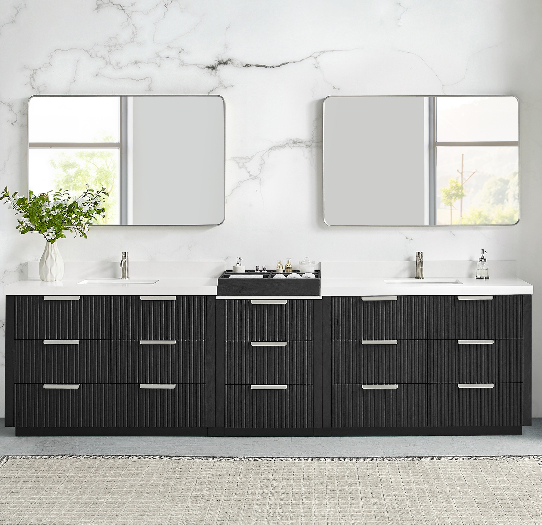 120" Combine Free-standing Double Bath Vanity in Oak Weathered Black with Pure White Quartz Stone Top