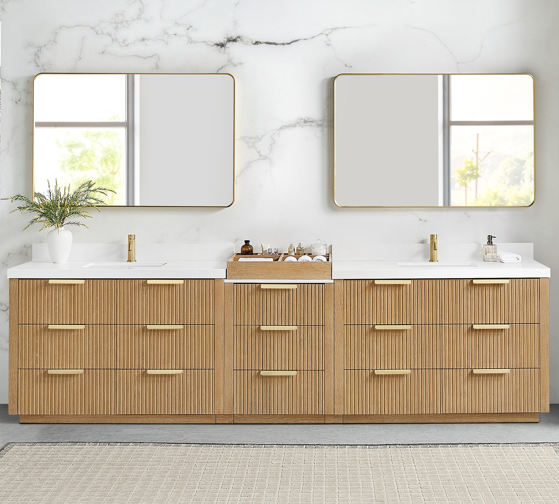 120" Combine Free-standing Double Bath Vanity in Washed Ash Grey with Pure White Quartz Stone Top