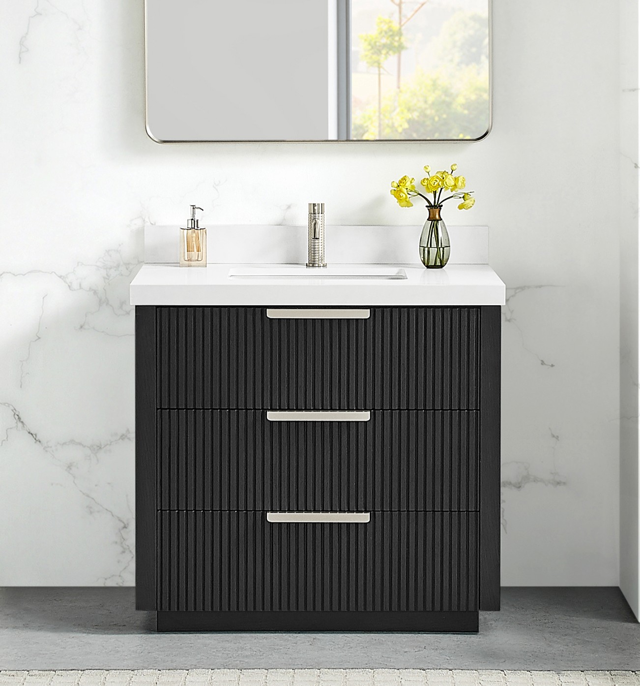 36" Free-standing Single Bath Vanity in Oak Weathered Black with Pure White Quartz Stone Top