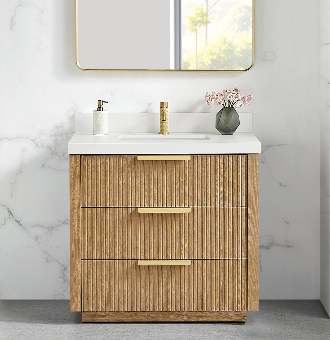 36" Free-standing Single Bath Vanity in Washed Ash Grey with Pure White Quartz Stone Top
