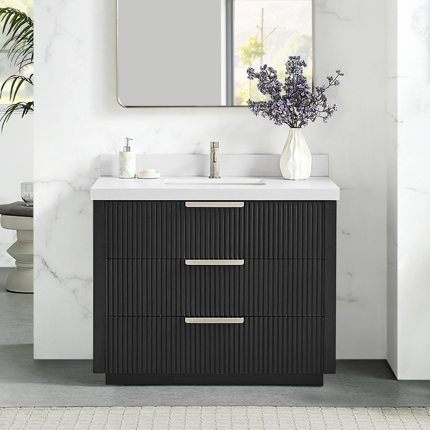 42" Free-standing Single Bath Vanity in Oak Weathered Black with Pure White Quartz Stone Top 42" Free-standing Single Bath Vanity in Oak Weathered Black with Pure White Quartz Stone Top