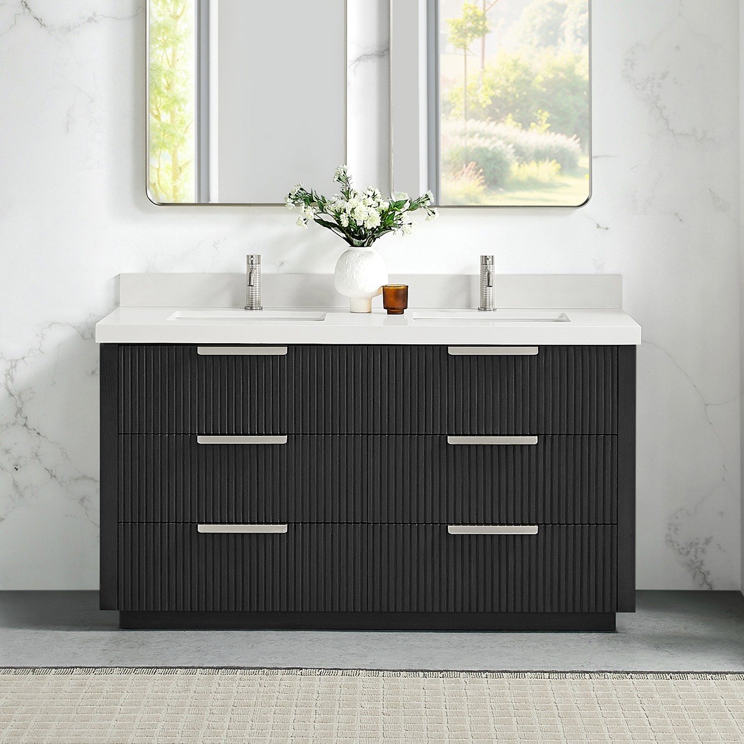 60M" Free-standing Double Bath Vanity in Oak Weathered Black with Pure White Quartz Stone Top
