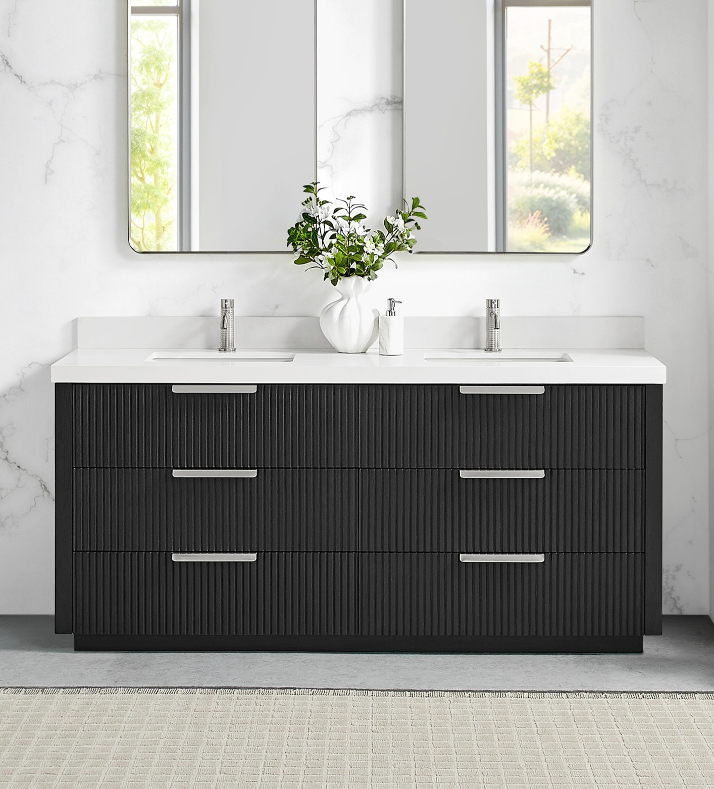 72" Free-standing Double Bath Vanity in Oak Weathered Black with Pure White Quartz Stone Top