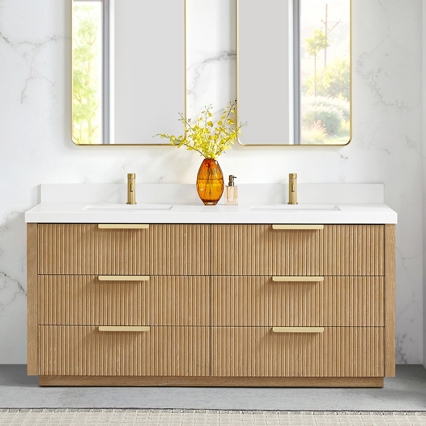 72" Free-standing Double Bath Vanity in Washed Ash Grey with Pure White Quartz Stone Top