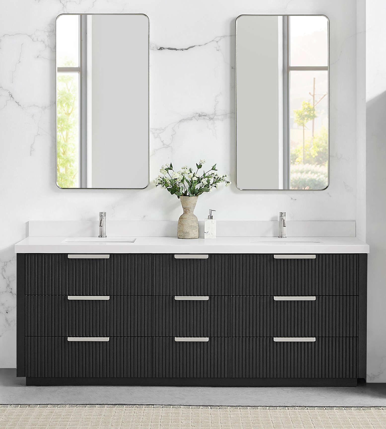 84" Free-standing Double Bath Vanity in Oak Weathered Black with Pure White Quartz Stone Top