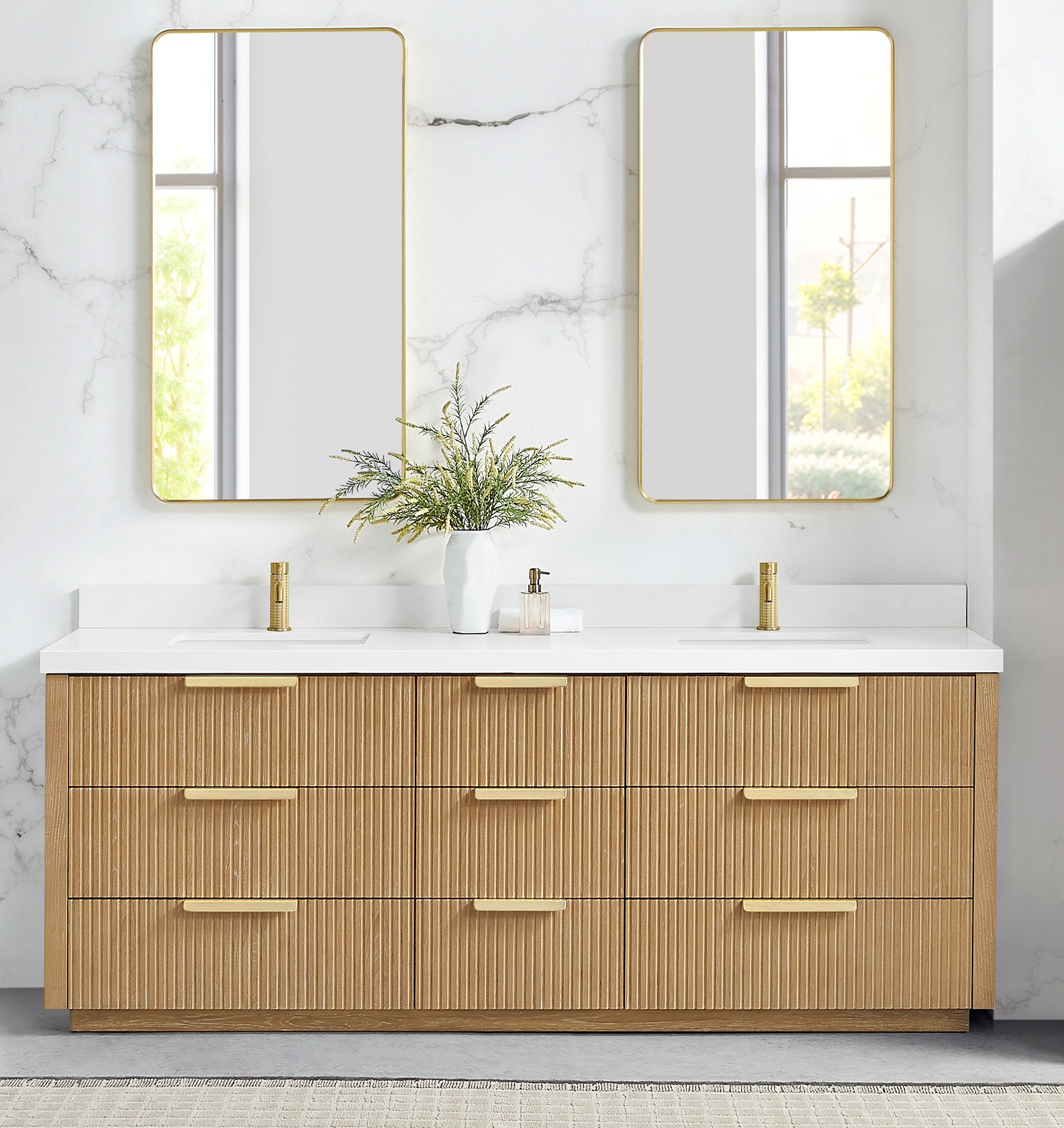 84" Free-standing Double Bath Vanity in Washed Ash Grey with Pure White Quartz Stone Top