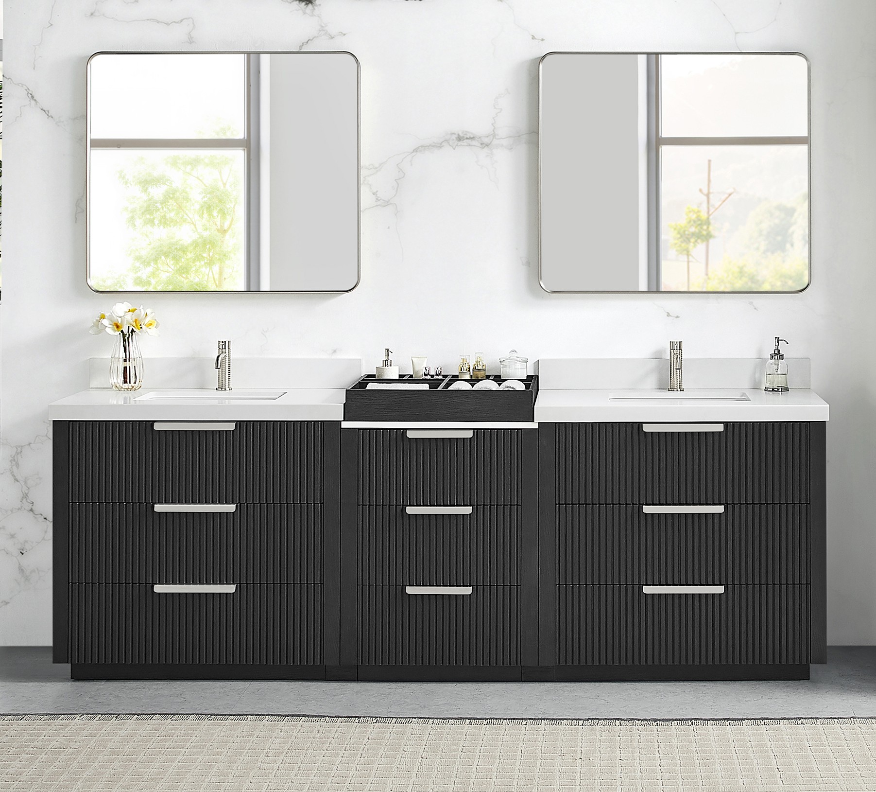 96" Combine Free-standing Double Bath Vanity in Oak Weathered Black with Pure White Quartz Stone Top