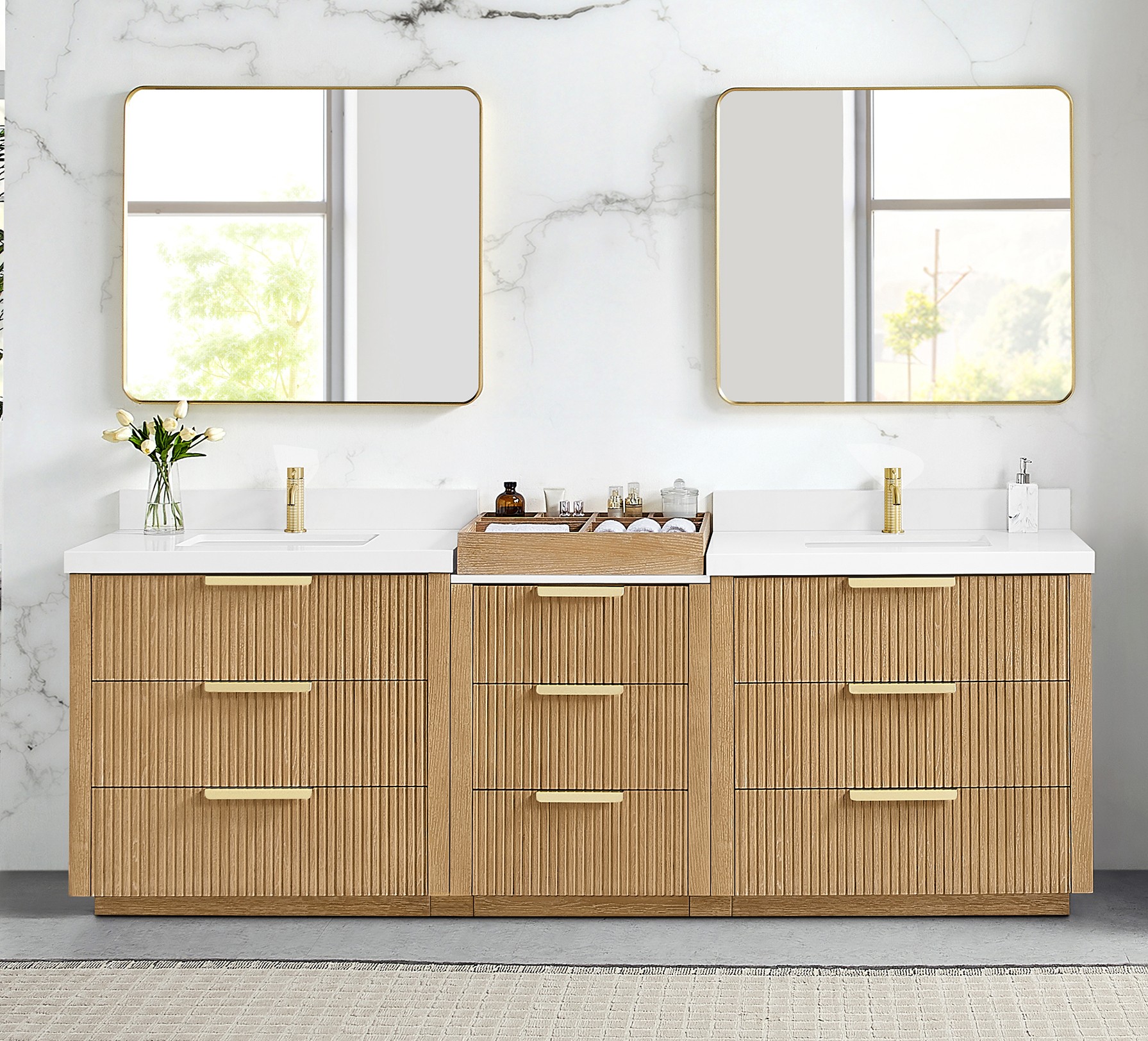 96" Combine Free-standing Double Bath Vanity in Washed Ash Grey with Pure White Quartz Stone Top