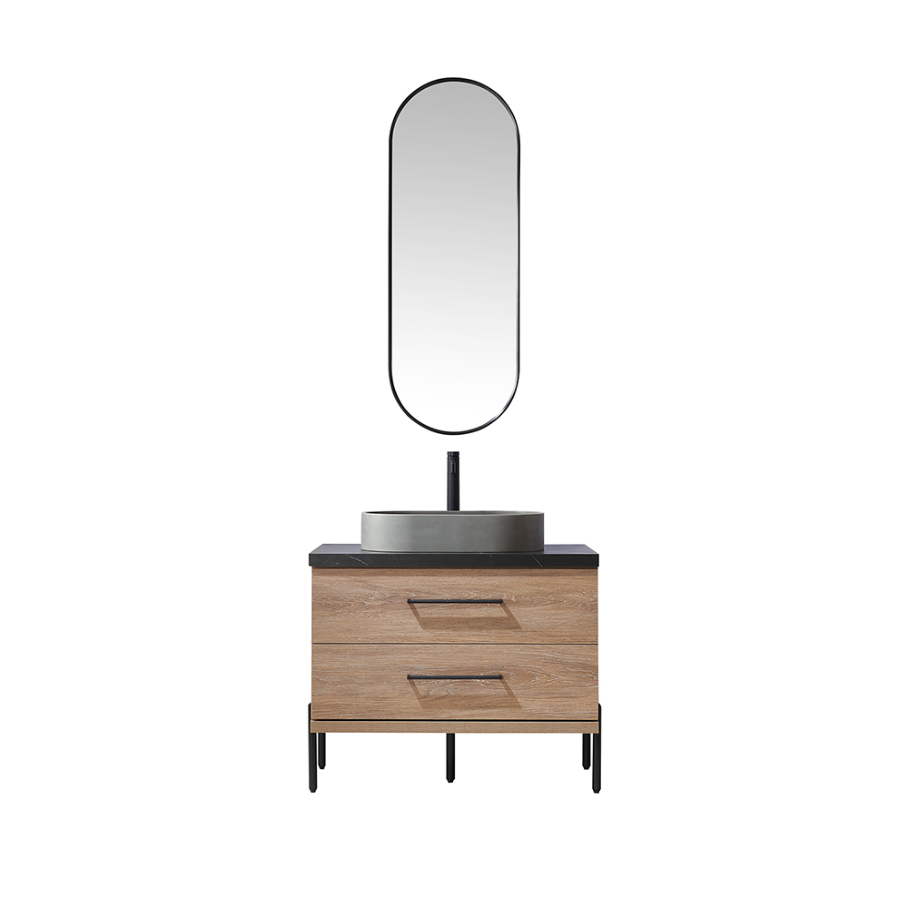 36" Single Sink Bath Vanity in North American Oak with Black Sintered Stone Top with Concrete Oval Sink
