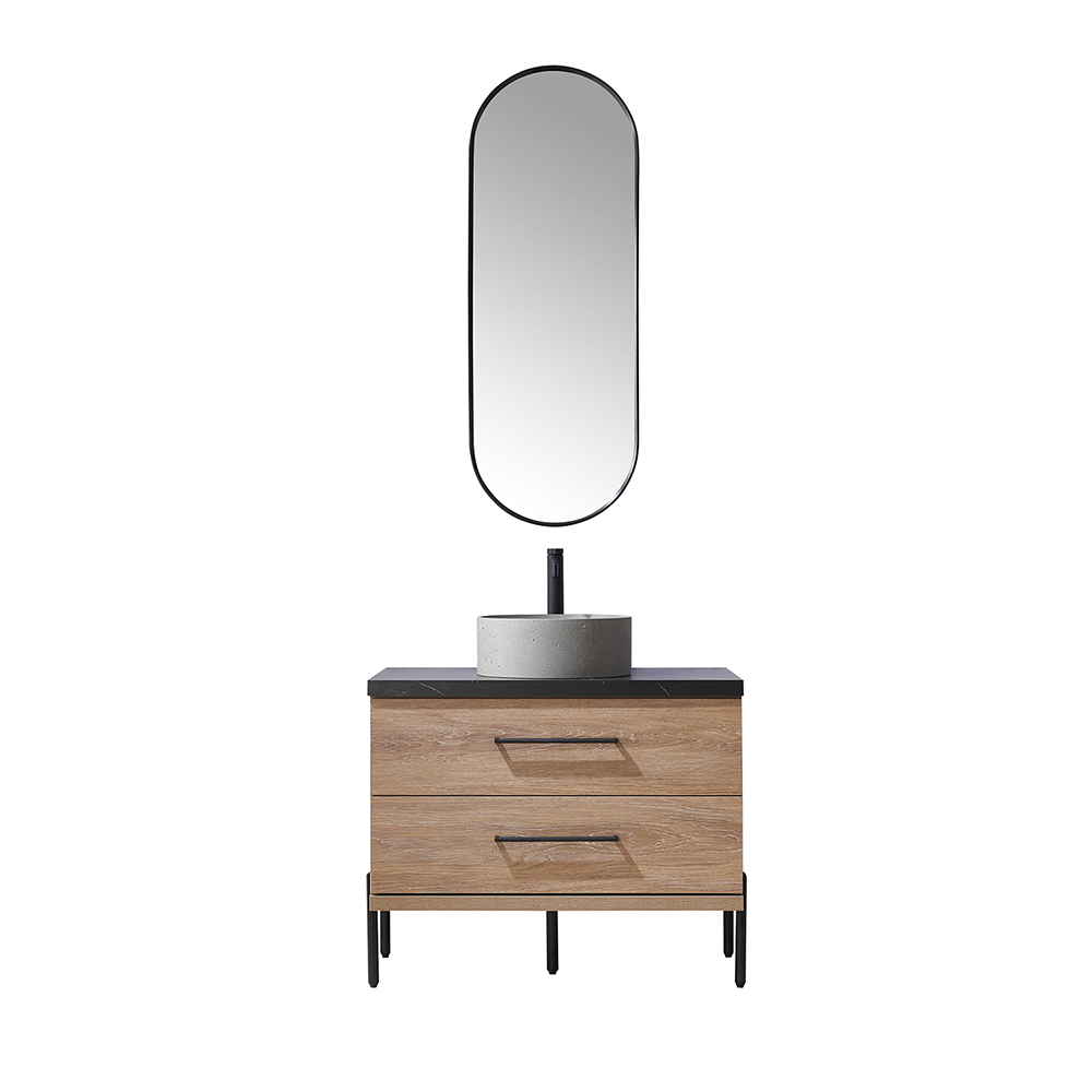36" Single Sink Bath Vanity in North American Oak with Black Sintered Stone Top with Concrete Round Sink