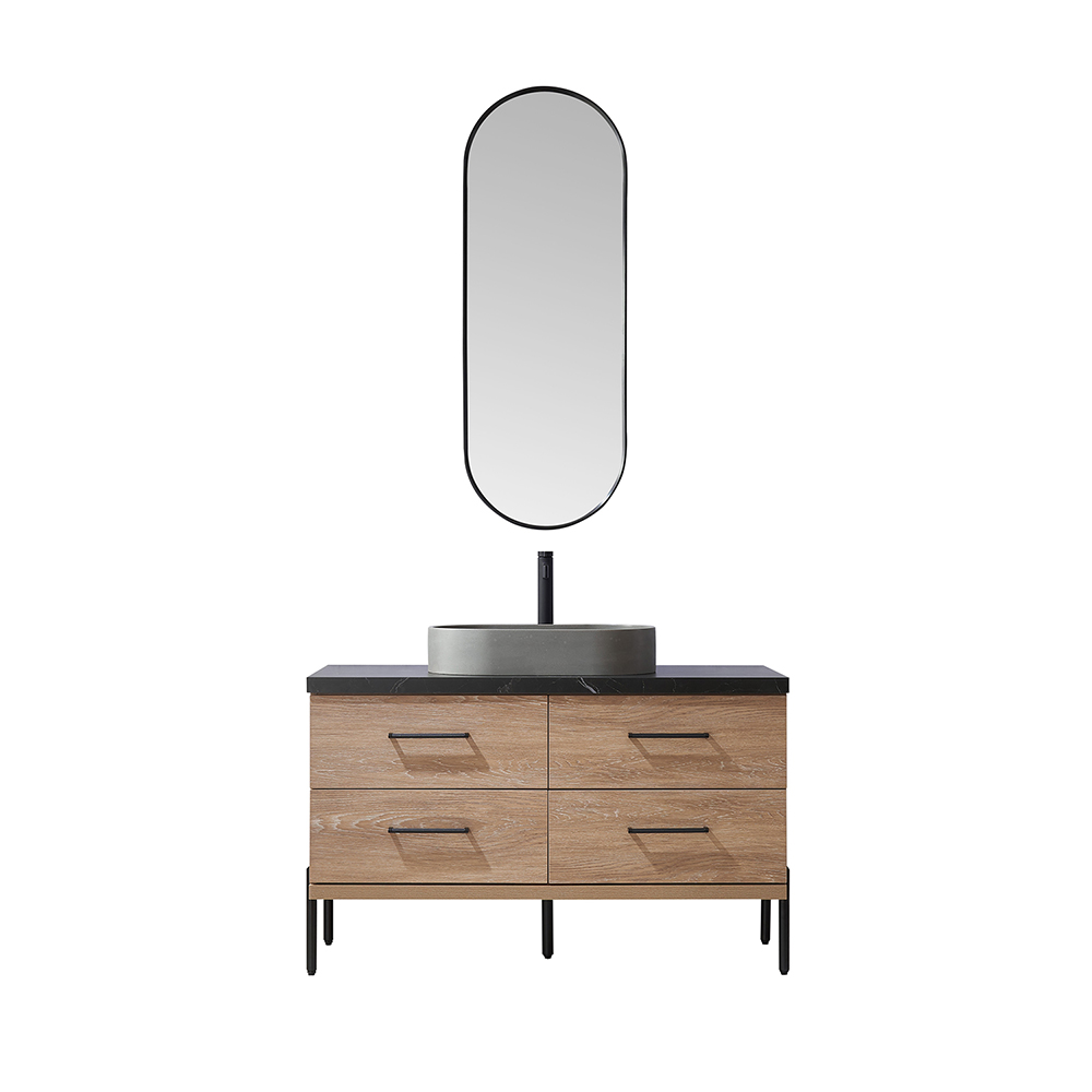 48" Single Sink Bath Vanity in North American Oak with Black Sintered Stone Top with Concrete Oval Sink