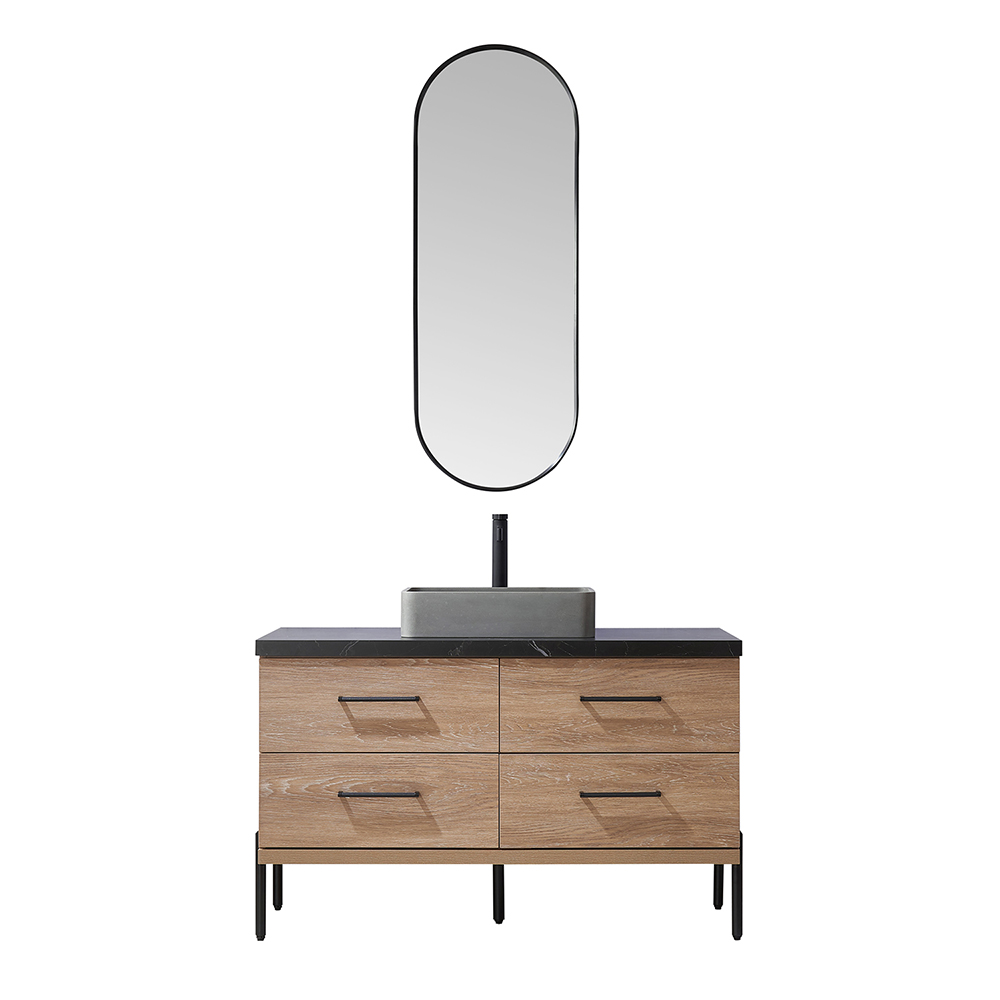 48" Single Sink Bath Vanity in North American Oak with Black Sintered Stone Top with Concrete Square Sink
