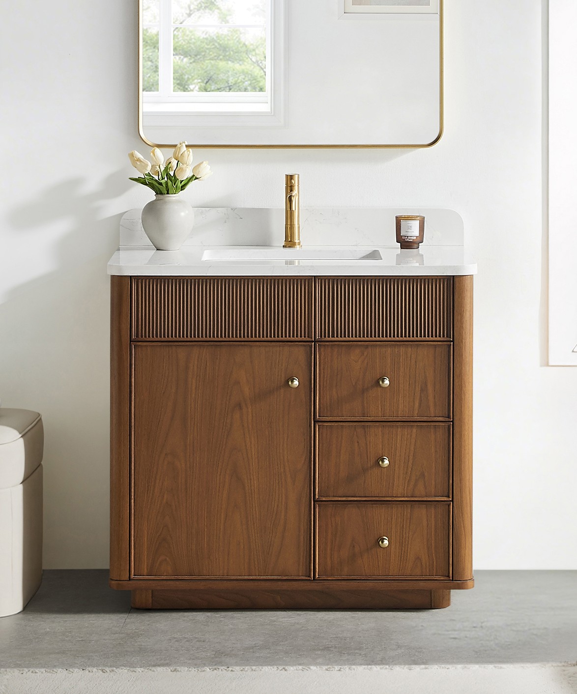36" Single Sink Bath Vanity in Natural Walnut with White Grain Composite Stone Top