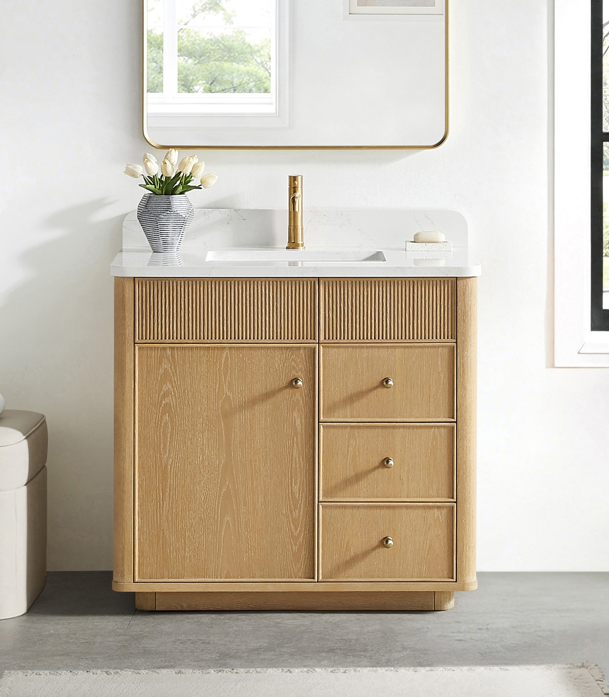 36" Single Sink Bath Vanity in Washed Ash Grey with White Grain Composite Stone Top