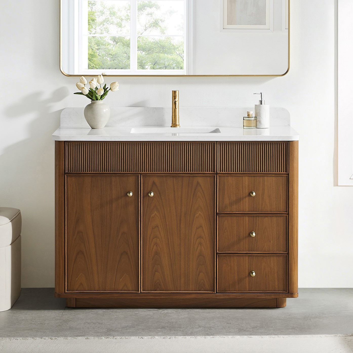 48" Single Sink Bath Vanity in Natural Walnut with White Grain Composite Stone Top