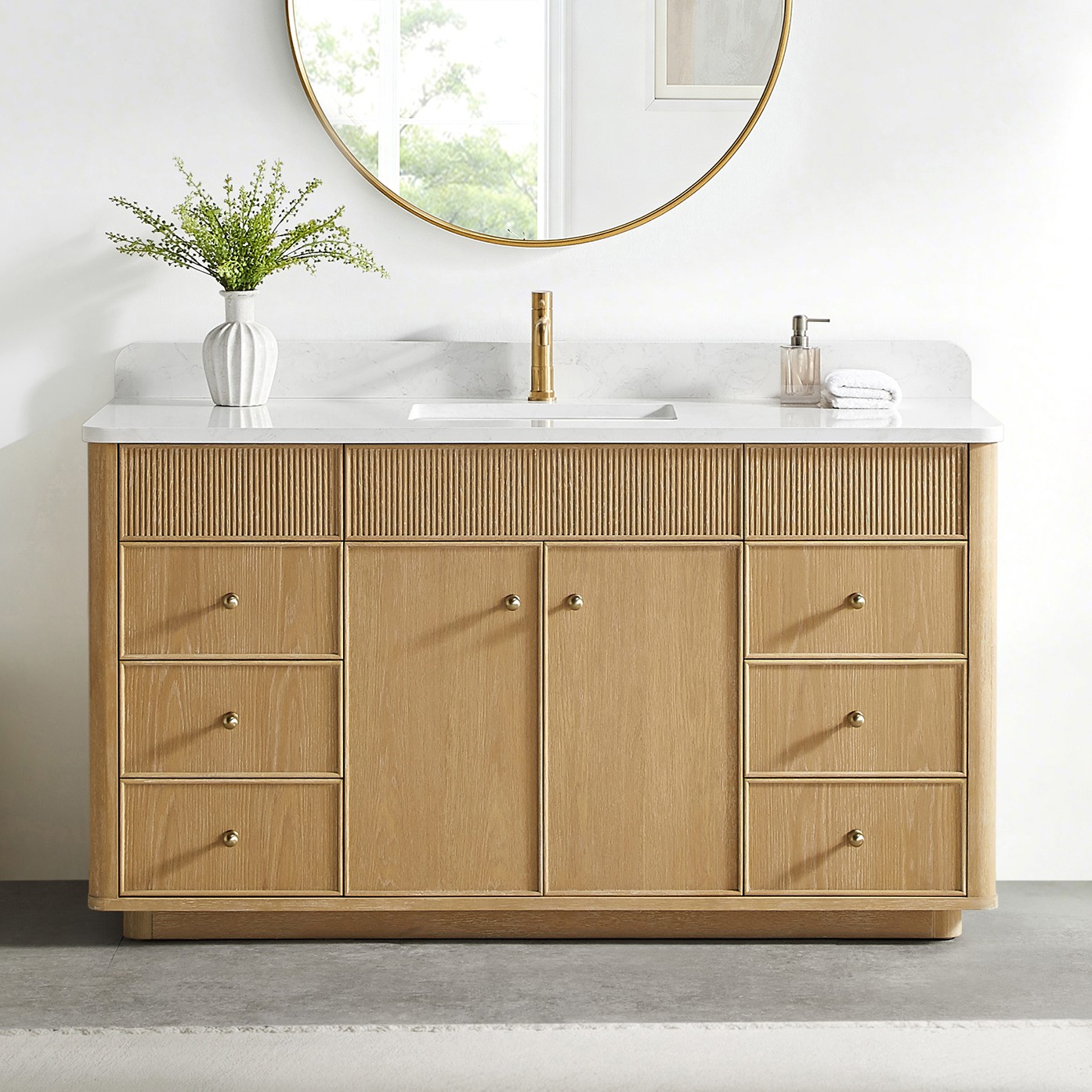 60" Single Sink Bath Vanity in Washed Ash Grey with White Grain Composite Stone Top