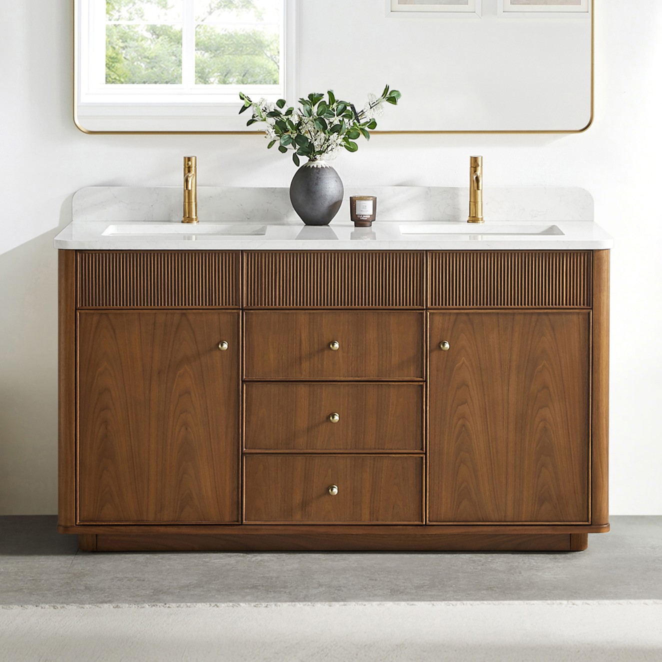60M" Double Sink Bath Vanity in Natural Walnut with White Grain Composite Stone Top