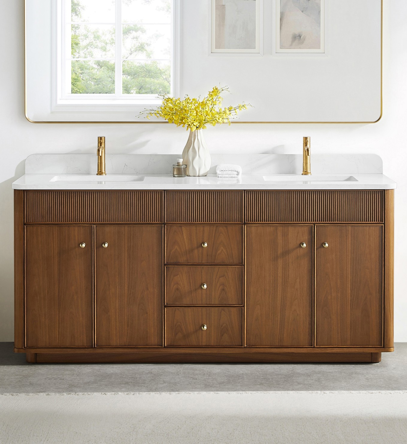 72" Double Sink Bath Vanity in Natural Walnut with White Grain Composite Stone Top
