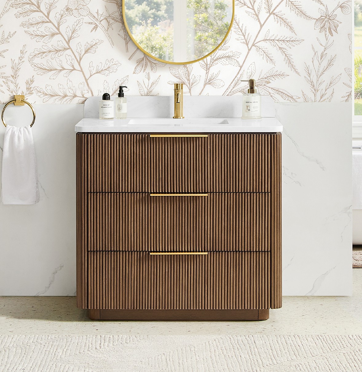 36" Single Sink Bath Vanity in Oak Light Walnut with White Grain Composite Stone Top