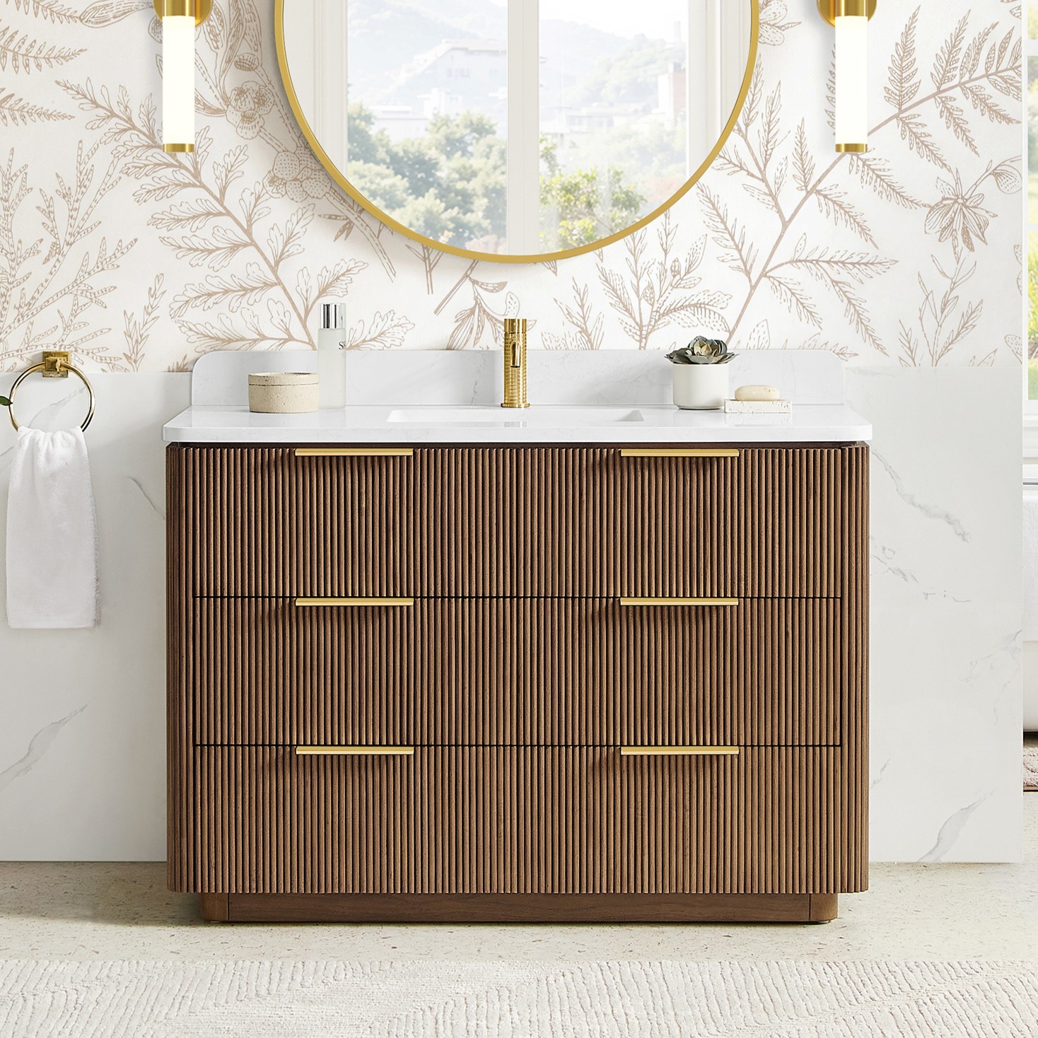 48" Single Sink Bath Vanity in Oak Light Walnut with White Grain Composite Stone Top