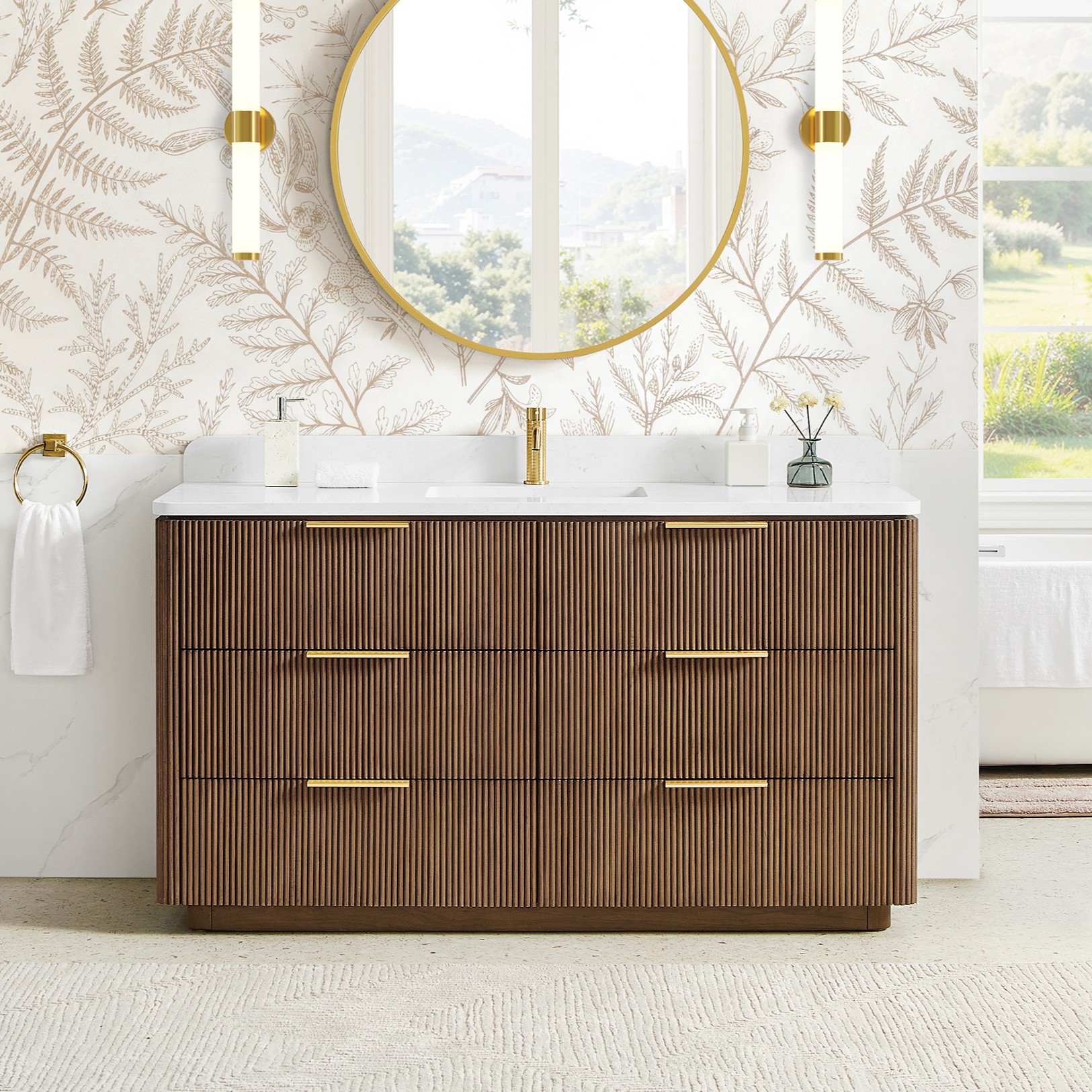 60" Single Sink Bath Vanity in Oak Light Walnut with White Grain Composite Stone Top