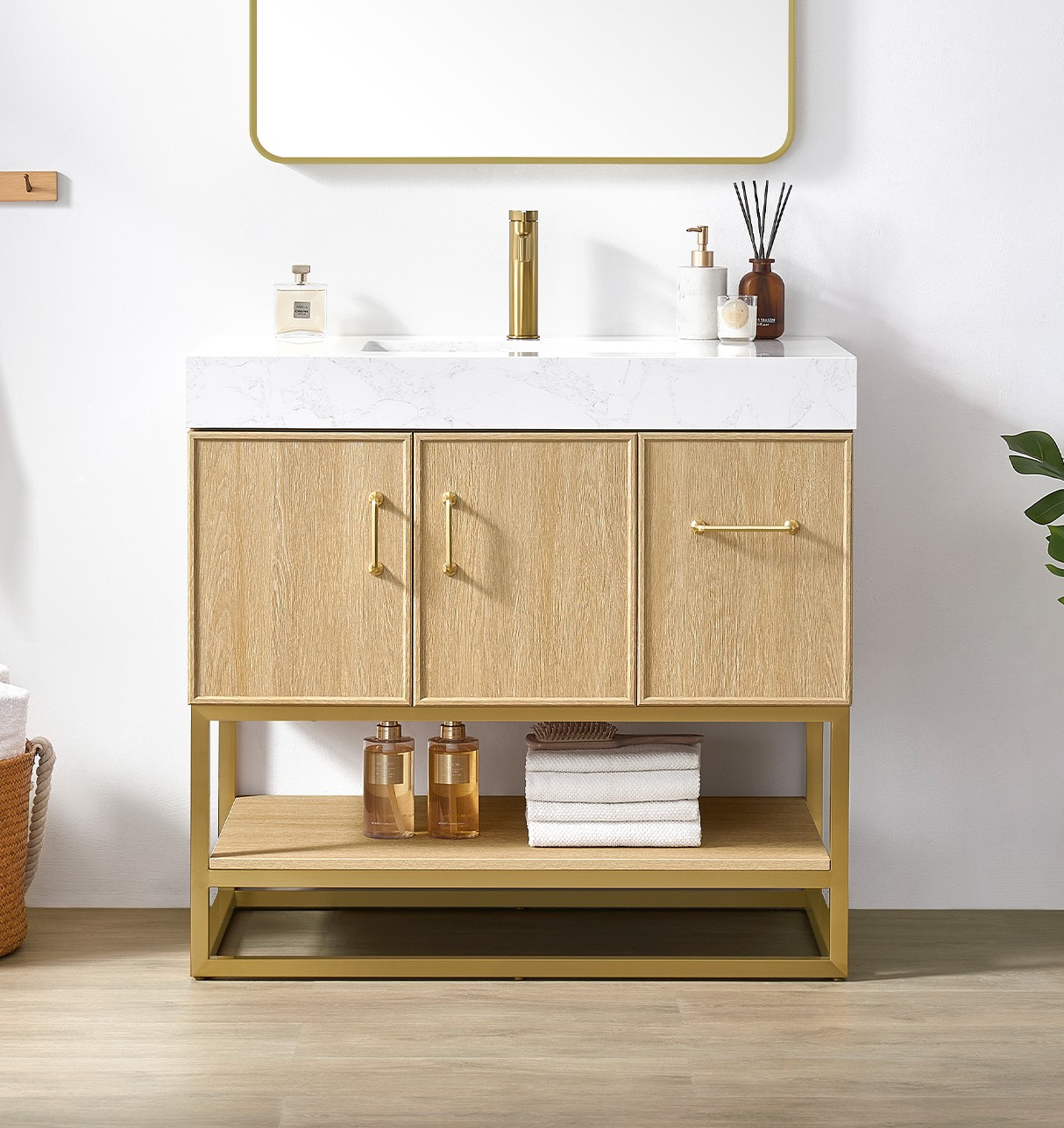 36" Single Sink Bath Vanity in Dark Oak with White Grain Composite Stone Top
