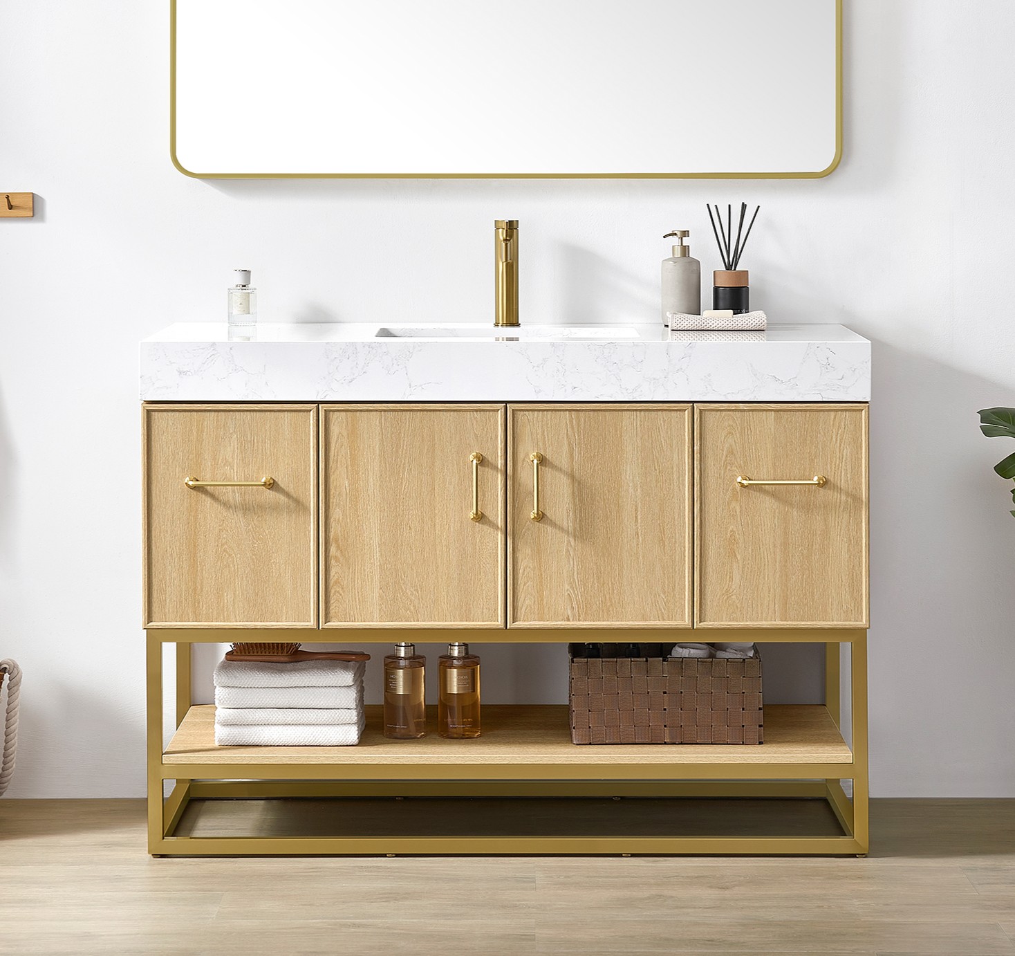 48" Single Sink Bath Vanity in Dark Oak with White Grain Composite Stone Top