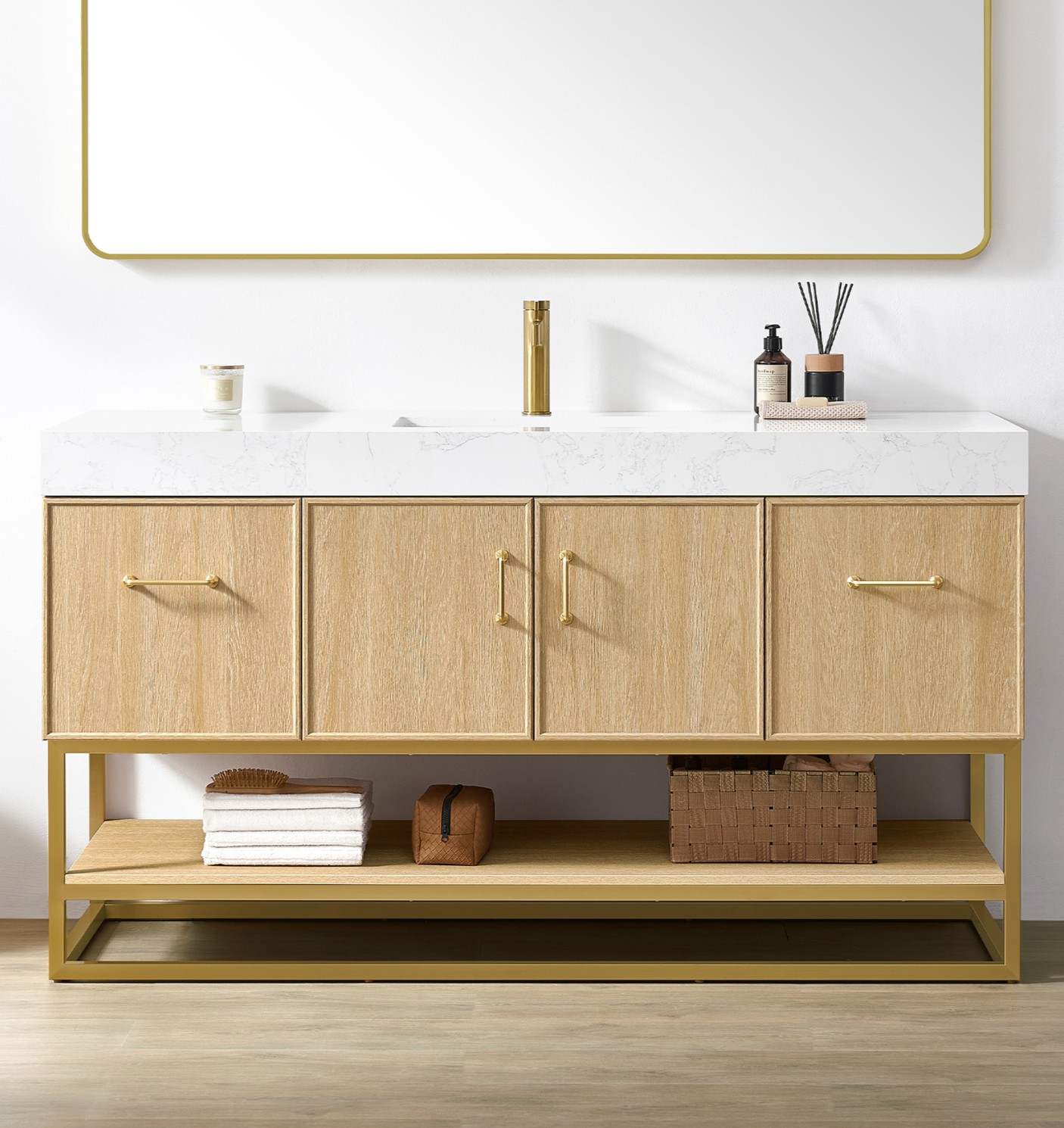 60" Single Sink Bath Vanity in Dark Oak with White Grain Composite Stone Top