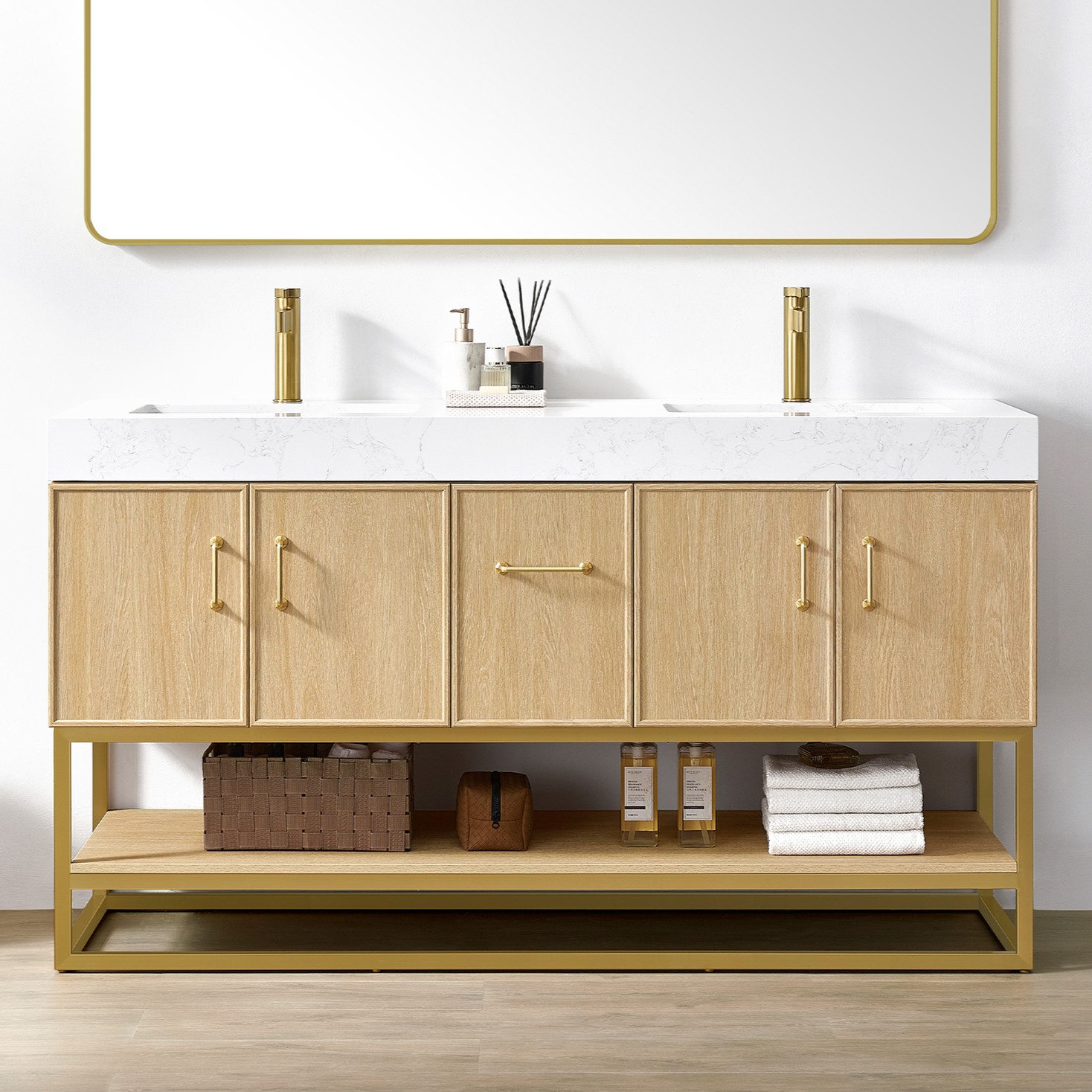 60M" Double Sink Bath Vanity in Dark Oak with White Grain Composite Stone Top