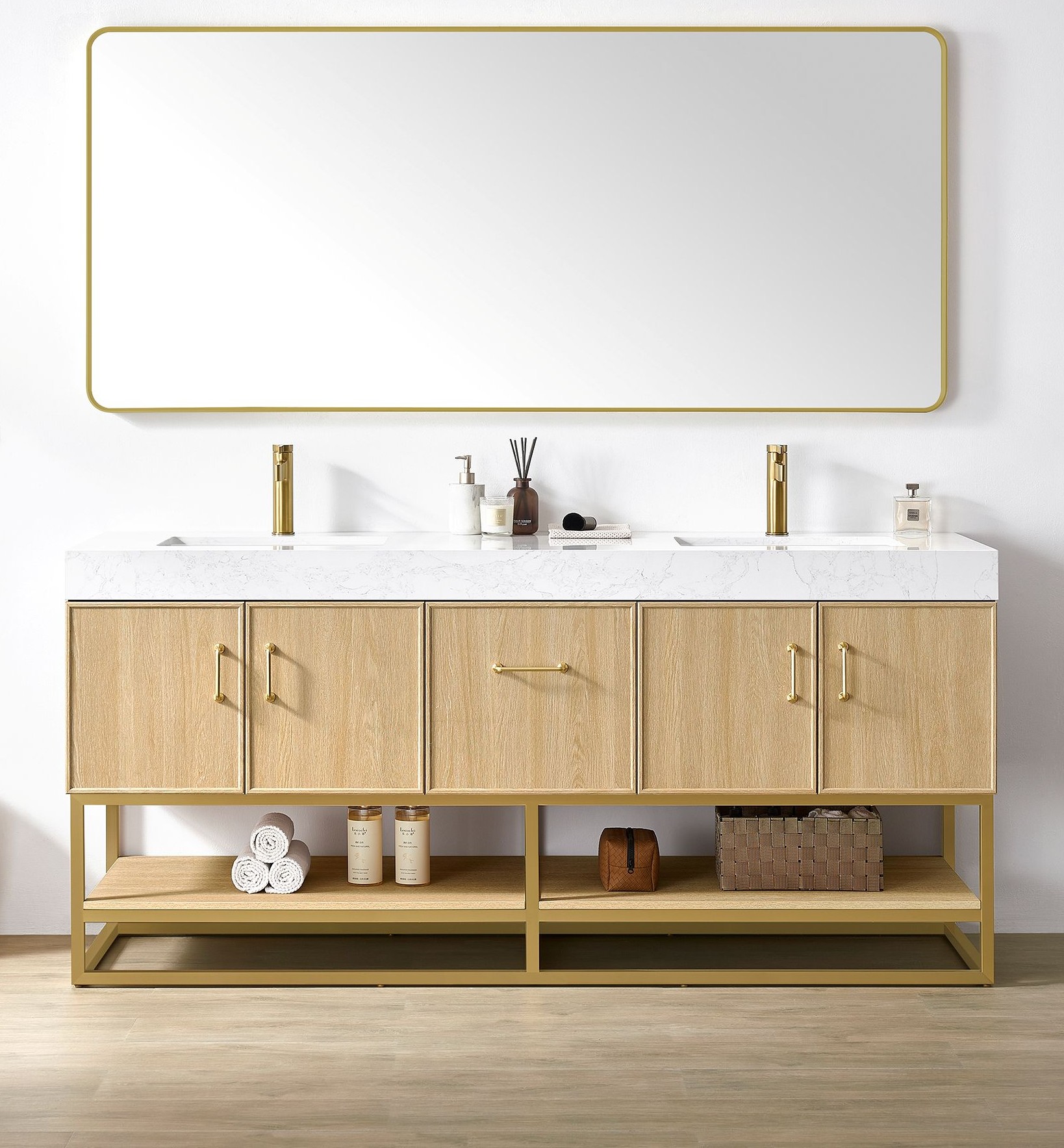 72" Double Sink Bath Vanity in Dark Oak with White Grain Composite Stone Top